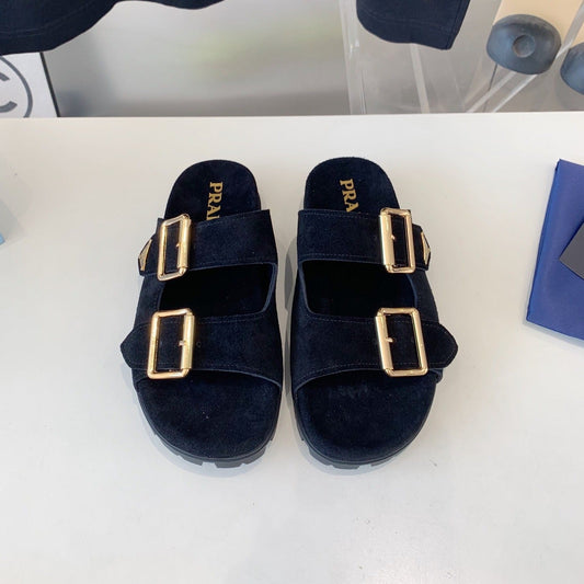 PRA STRAP SLIDES SANDALS BLACK SUEDE - 35