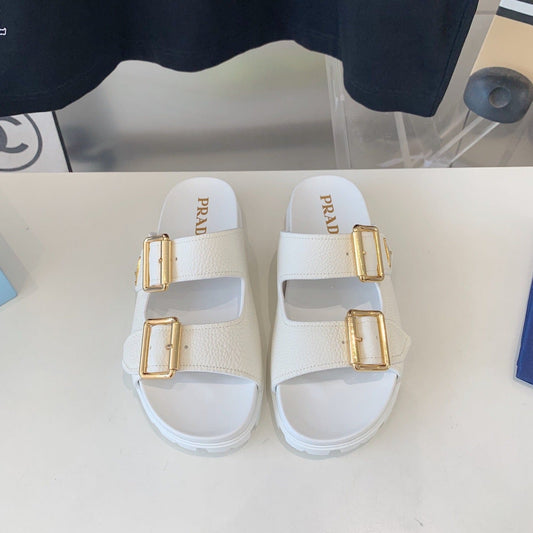 PRA STRAP SLIDES SANDALS WHITE LAMBSKIN - 35