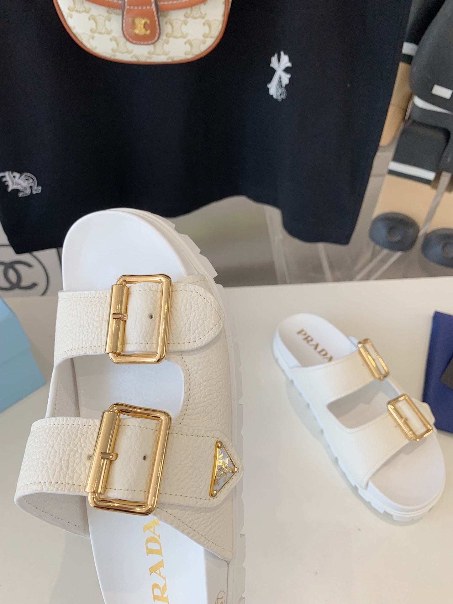 PRA STRAP SLIDES SANDALS WHITE LAMBSKIN - 35