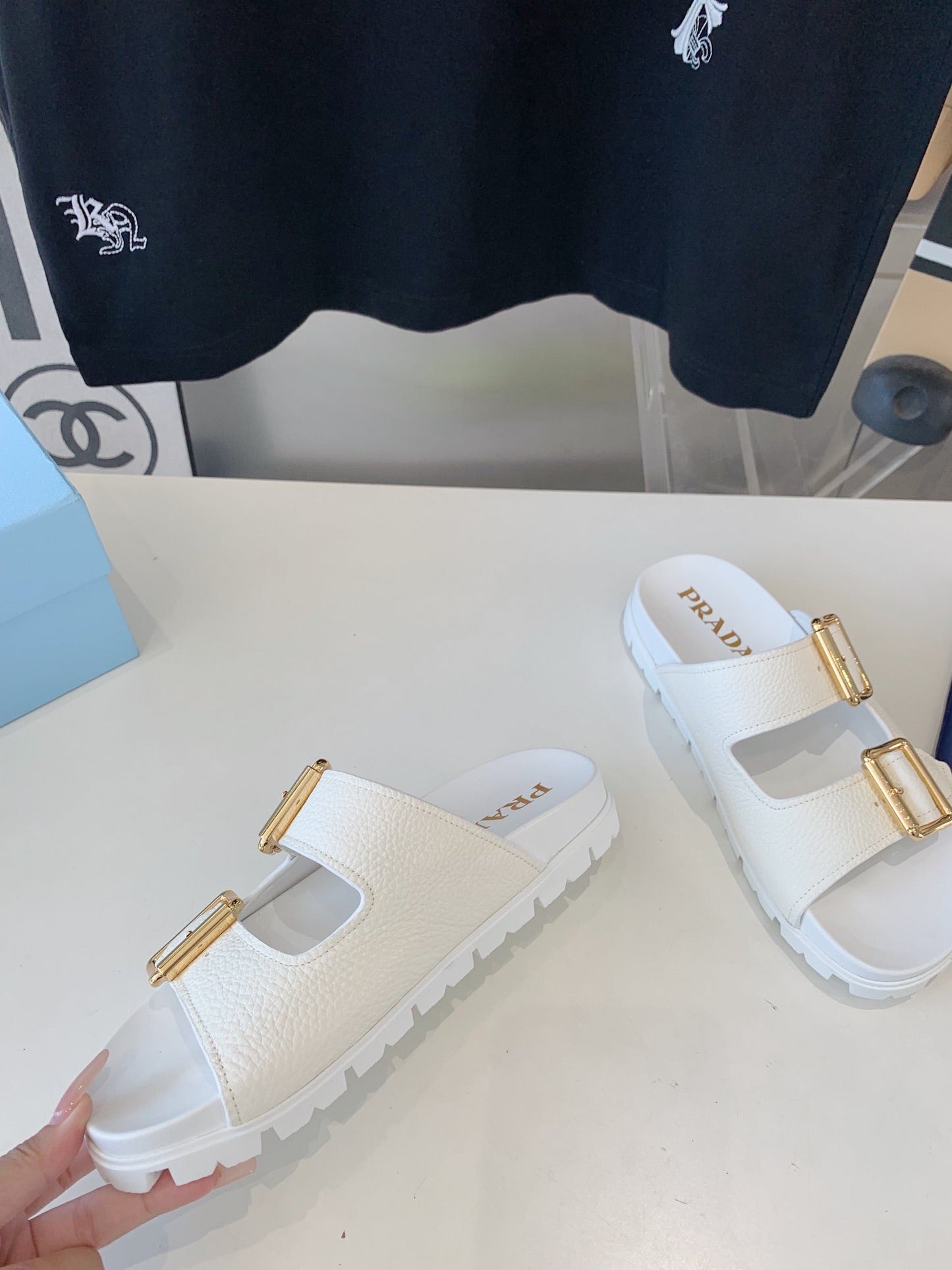 PRA STRAP SLIDES SANDALS WHITE LAMBSKIN - 35