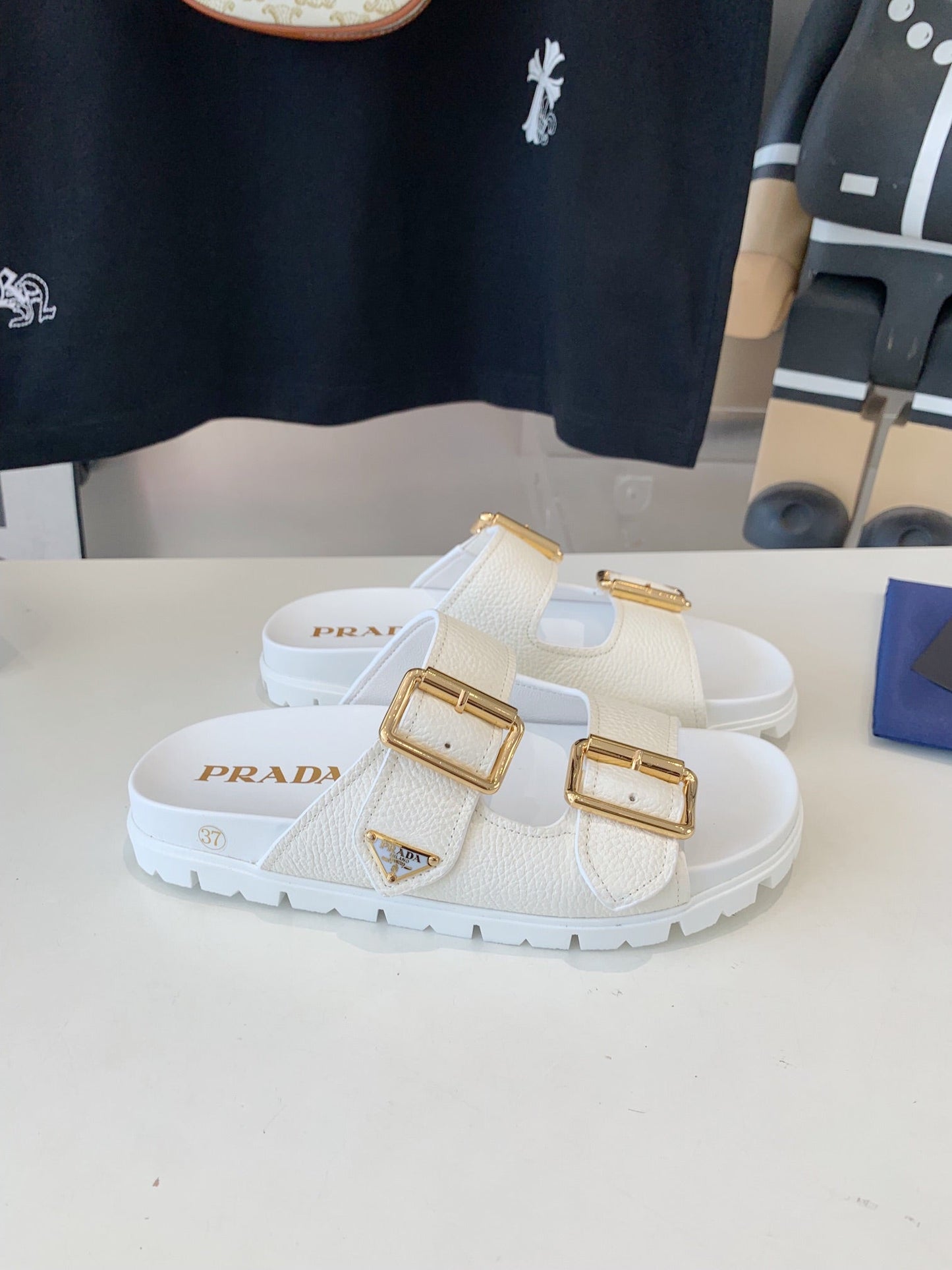 PRA STRAP SLIDES SANDALS WHITE LAMBSKIN - 35