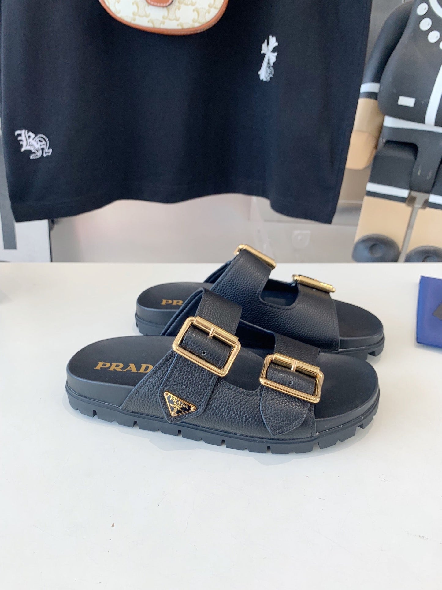 PRA STRAP SLIDES SANDALS BLACK LAMBSKIN - 35