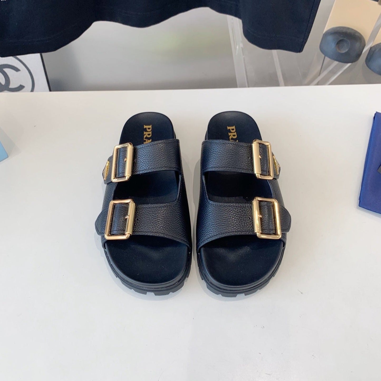 PRA STRAP SLIDES SANDALS BLACK LAMBSKIN - 35