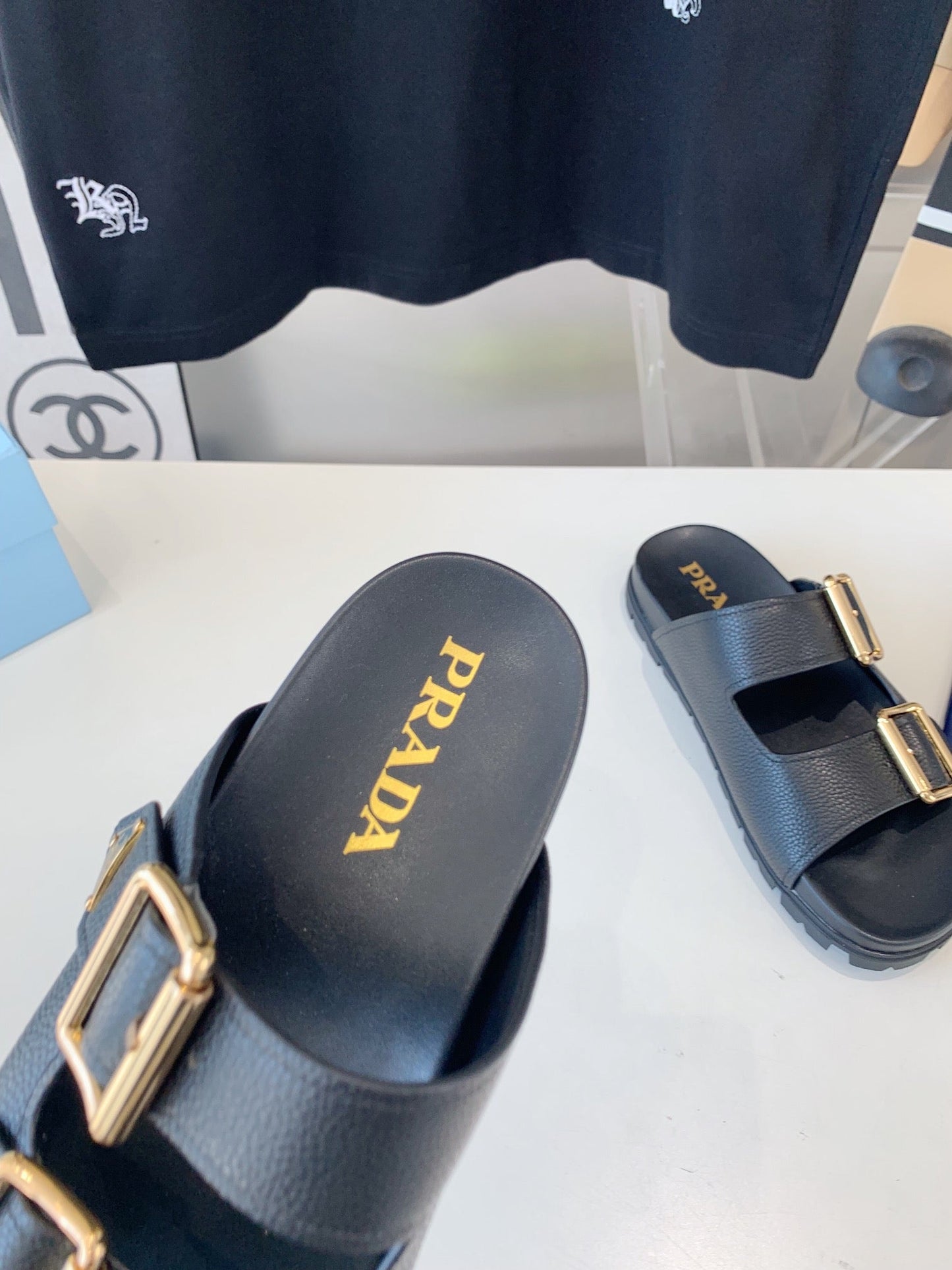PRA STRAP SLIDES SANDALS BLACK LAMBSKIN - 35