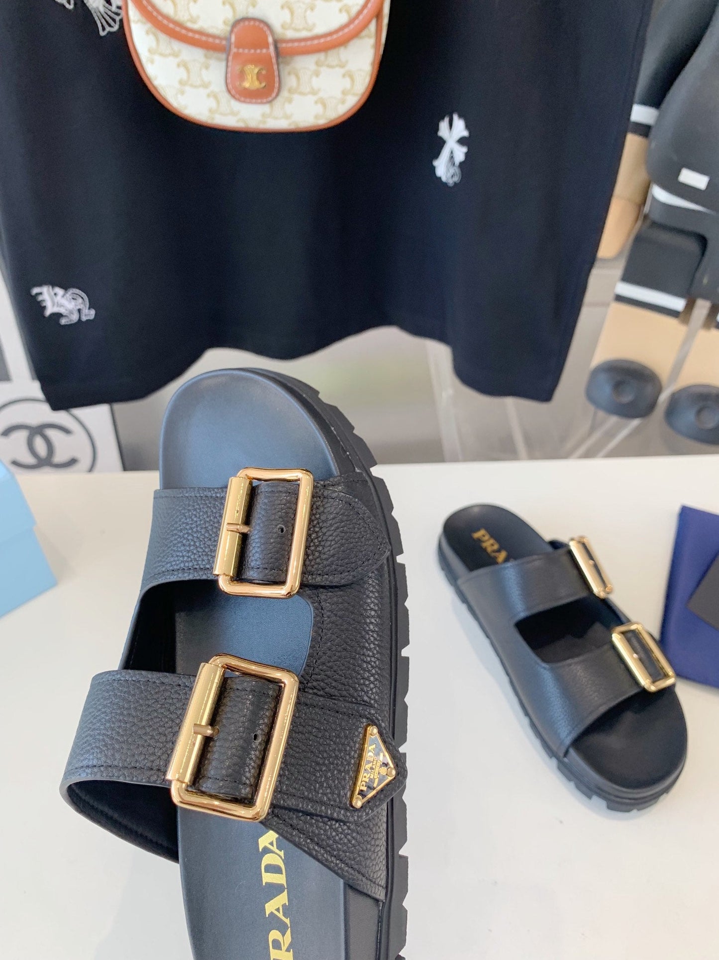 PRA STRAP SLIDES SANDALS BLACK LAMBSKIN - 35