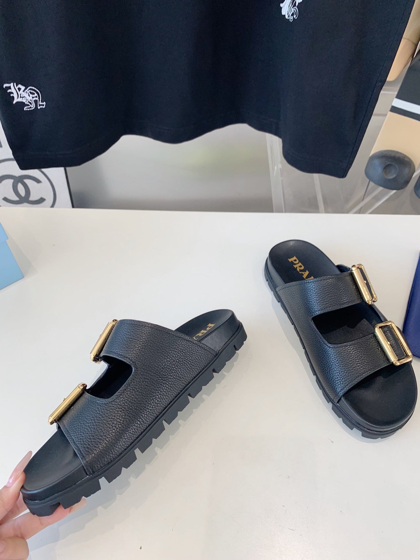 PRA STRAP SLIDES SANDALS BLACK LAMBSKIN - 35