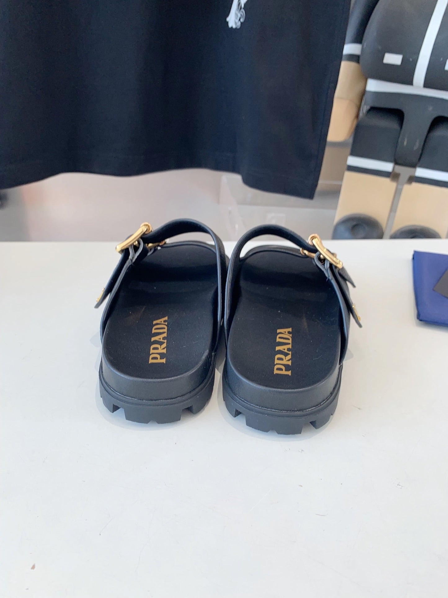 PRA STRAP SLIDES SANDALS BLACK LAMBSKIN - 35
