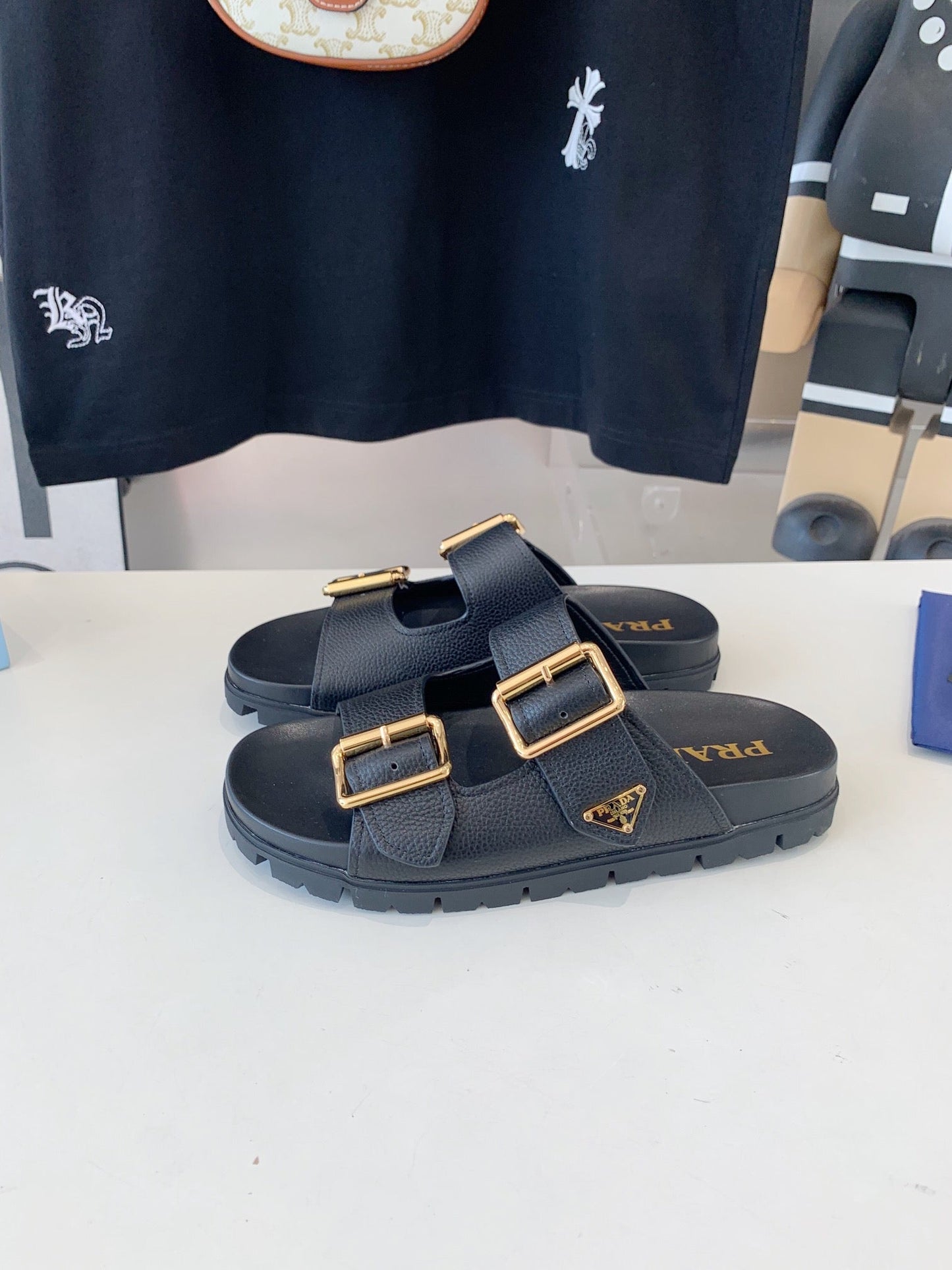 PRA STRAP SLIDES SANDALS BLACK LAMBSKIN - 35
