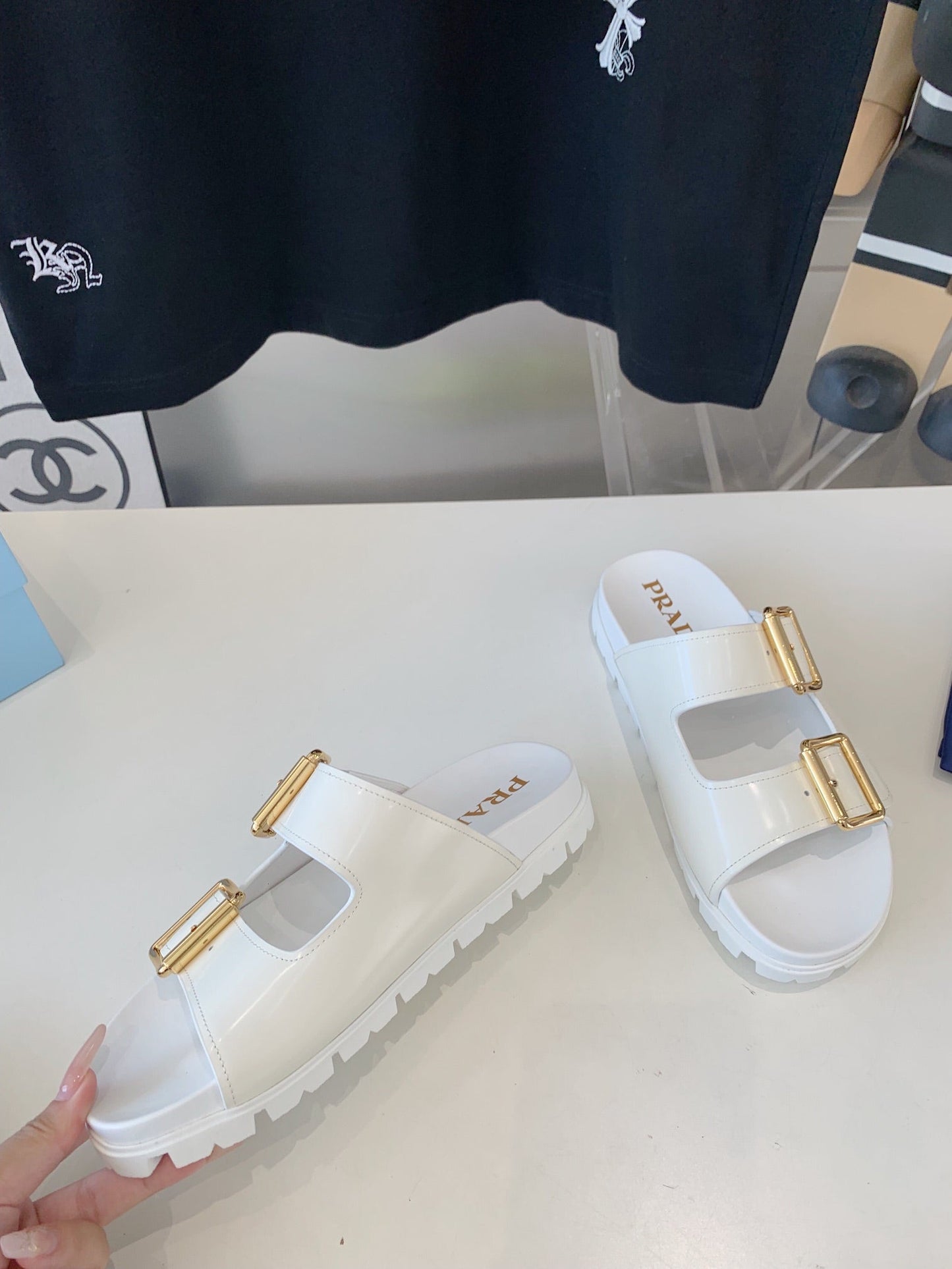 PRA STRAP SLIDES SANDALS GLOSSY WHITE CALFSKIN - 35