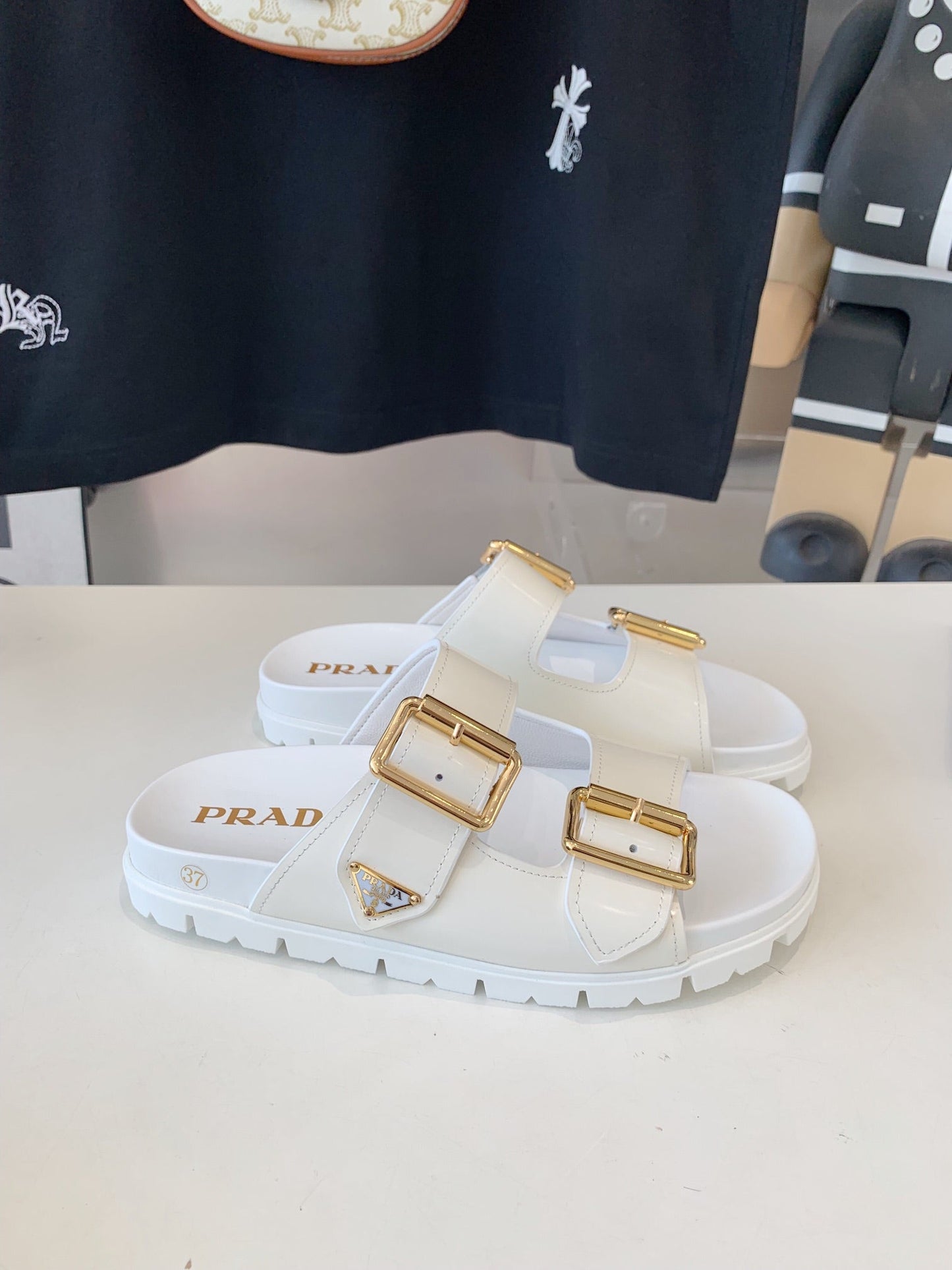 PRA STRAP SLIDES SANDALS GLOSSY WHITE CALFSKIN - 35