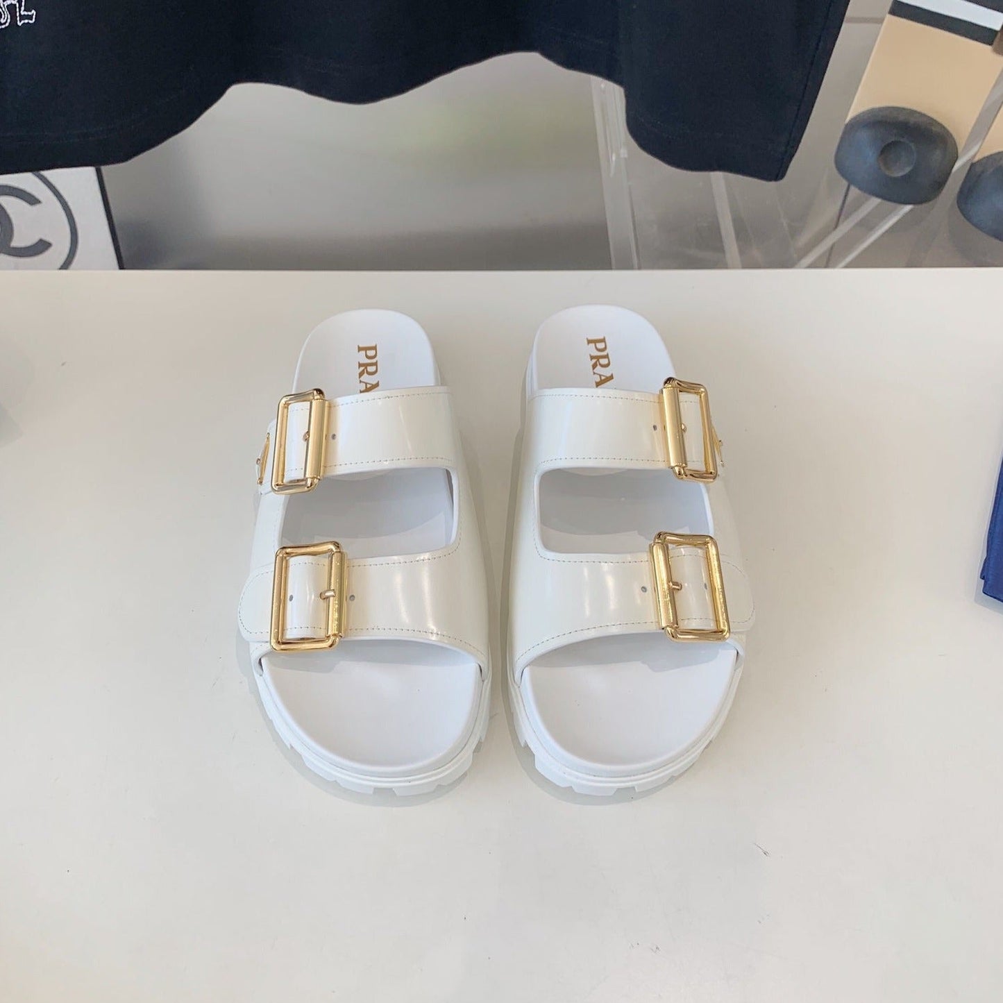 PRA STRAP SLIDES SANDALS GLOSSY WHITE CALFSKIN - 35
