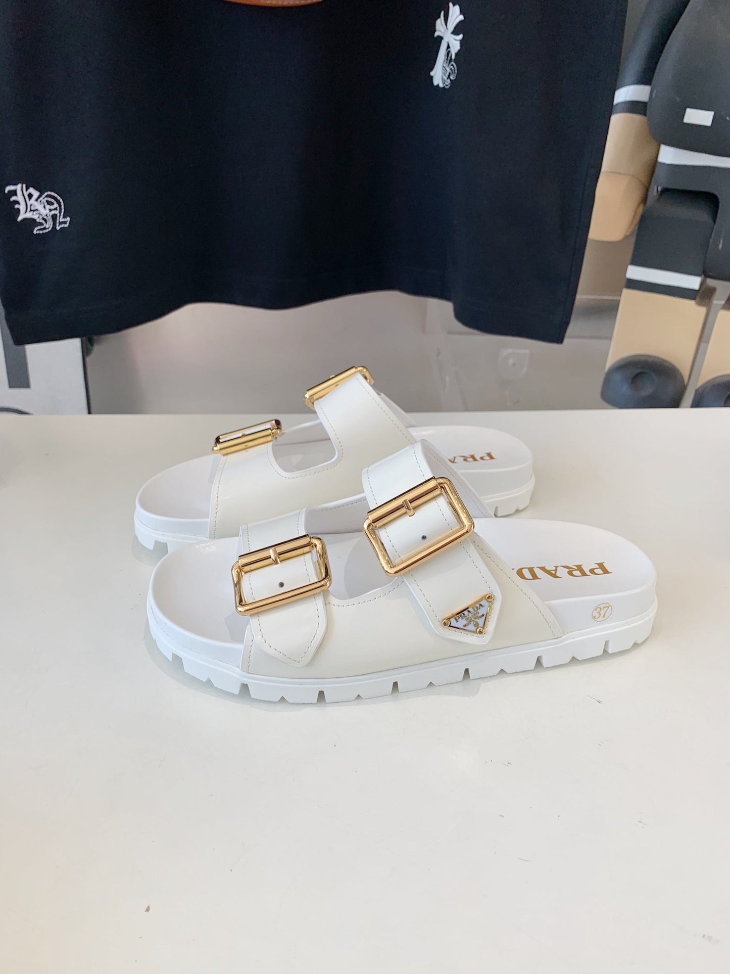 PRA STRAP SLIDES SANDALS GLOSSY WHITE CALFSKIN - 35
