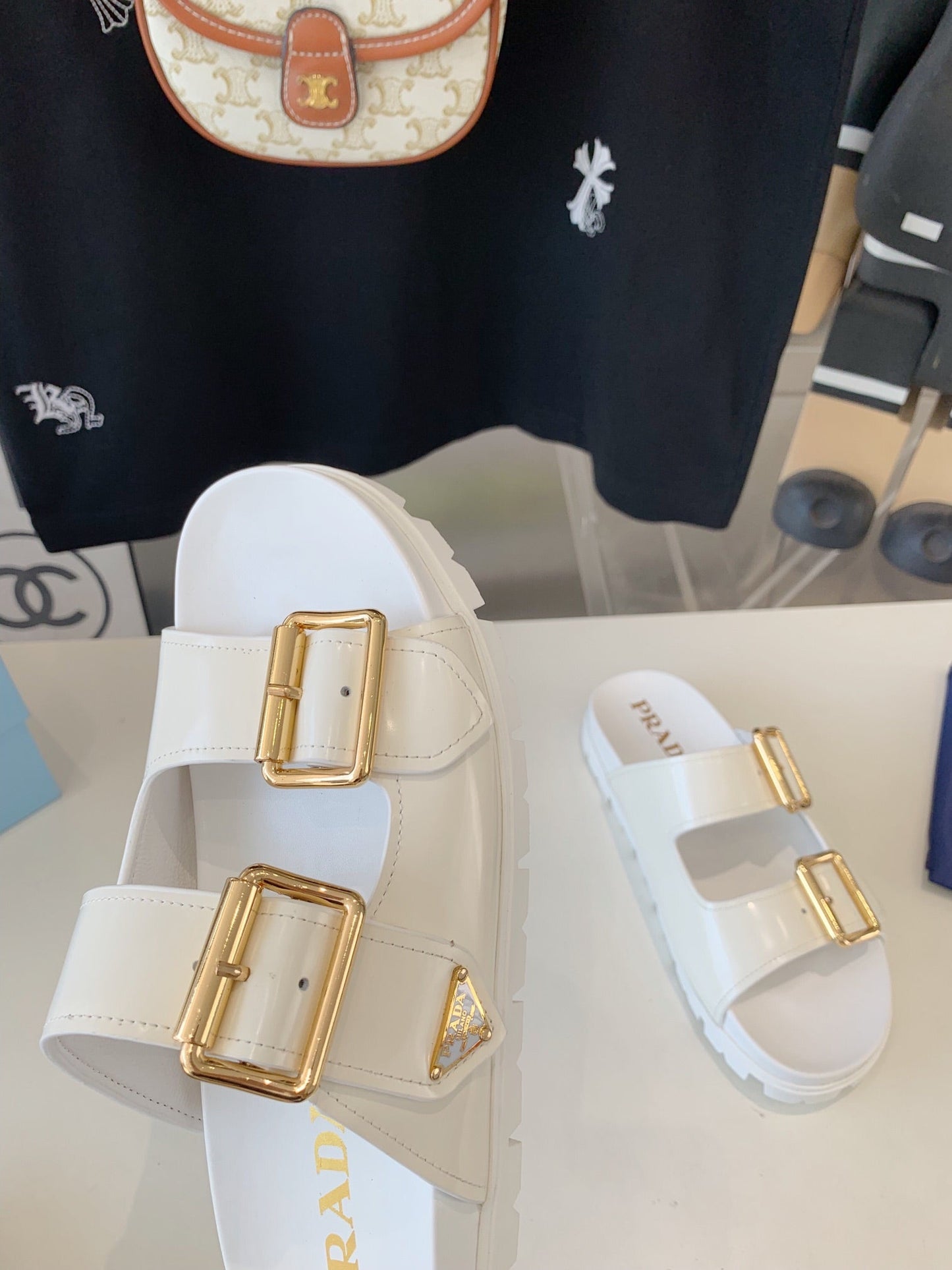 PRA STRAP SLIDES SANDALS GLOSSY WHITE CALFSKIN - 35