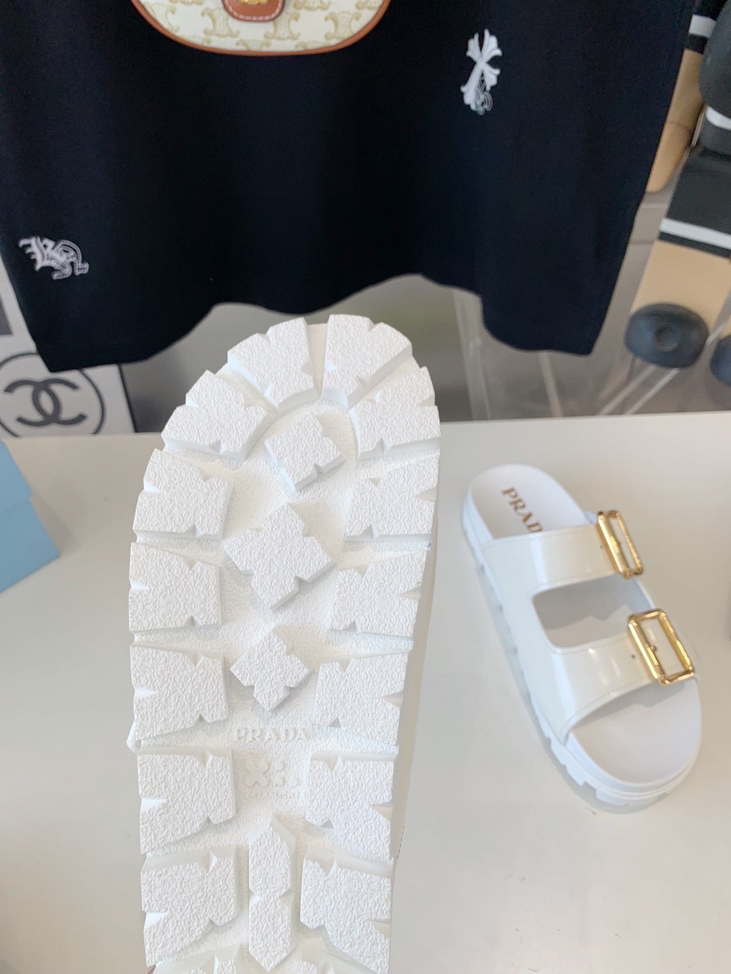 PRA STRAP SLIDES SANDALS GLOSSY WHITE CALFSKIN - 35