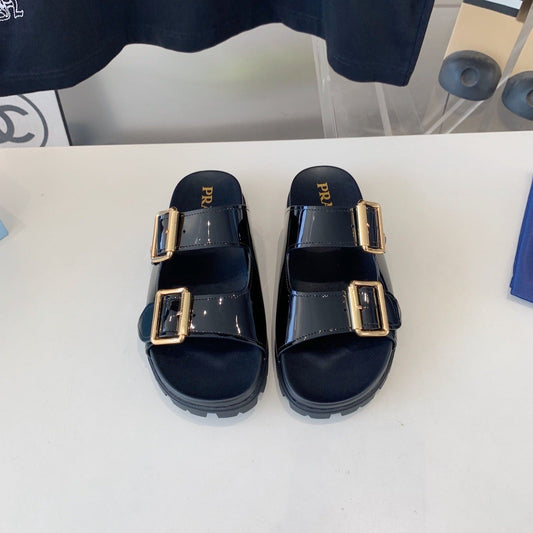 PRA STRAP SLIDES SANDALS GLOSSY BLACK CALFSKIN - 35
