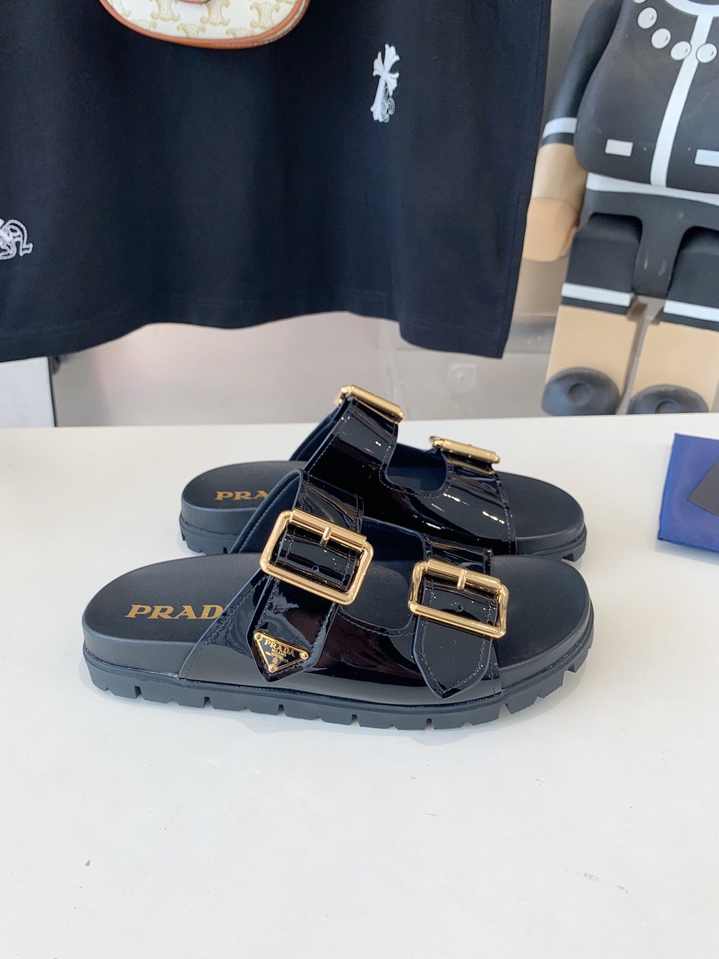 PRA STRAP SLIDES SANDALS GLOSSY BLACK CALFSKIN - 35