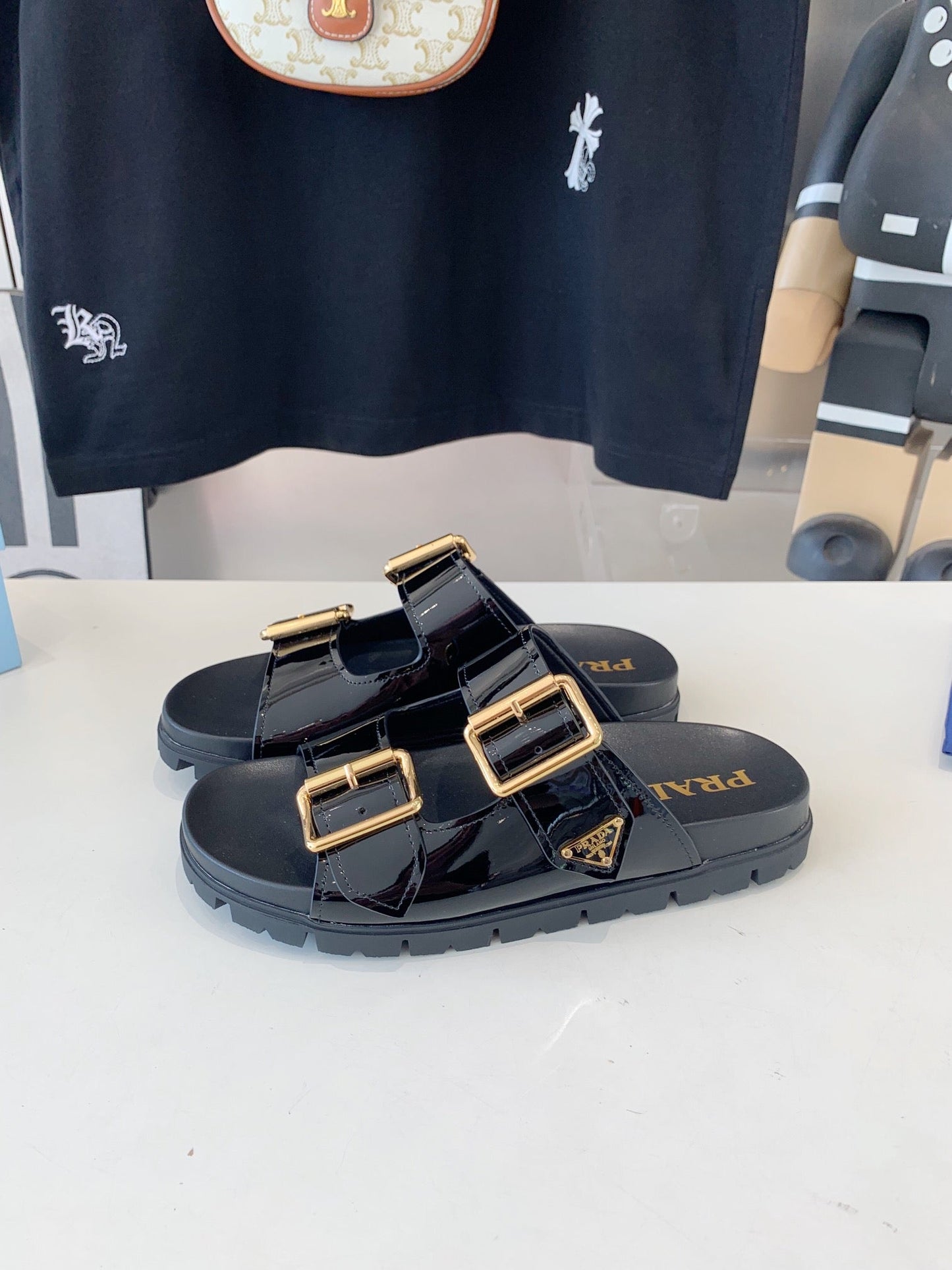 PRA STRAP SLIDES SANDALS GLOSSY BLACK CALFSKIN - 35