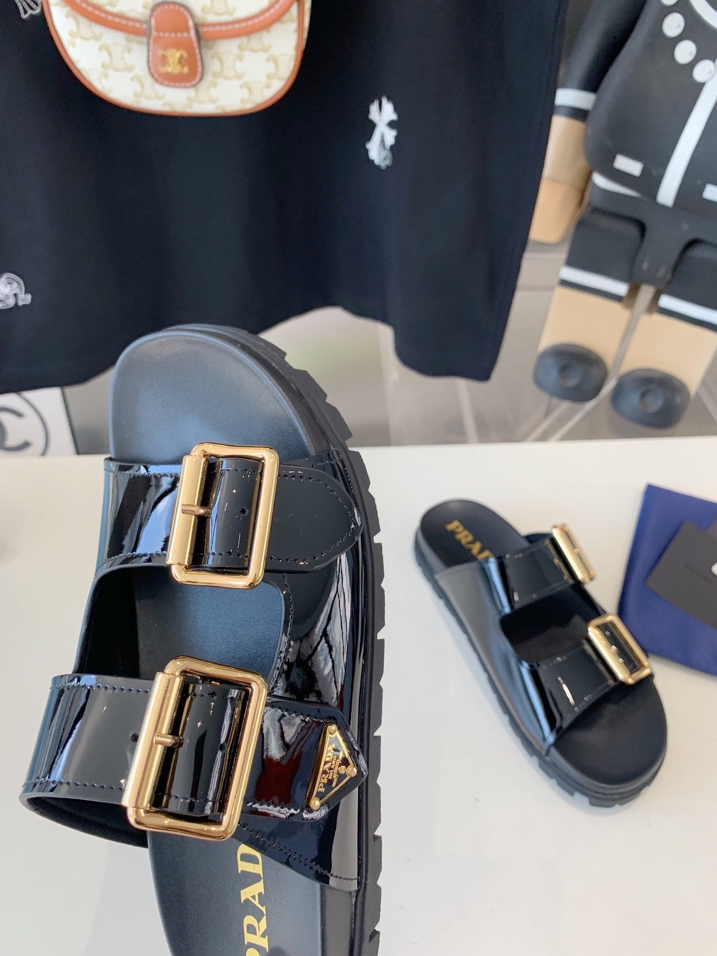 PRA STRAP SLIDES SANDALS GLOSSY BLACK CALFSKIN - 35