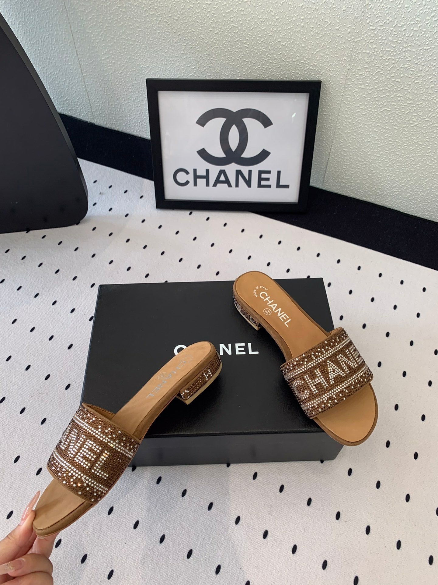 CC RHINESTONE LETTER SLIPPERS CINNAMON BROWN LAMBSKIN - 35