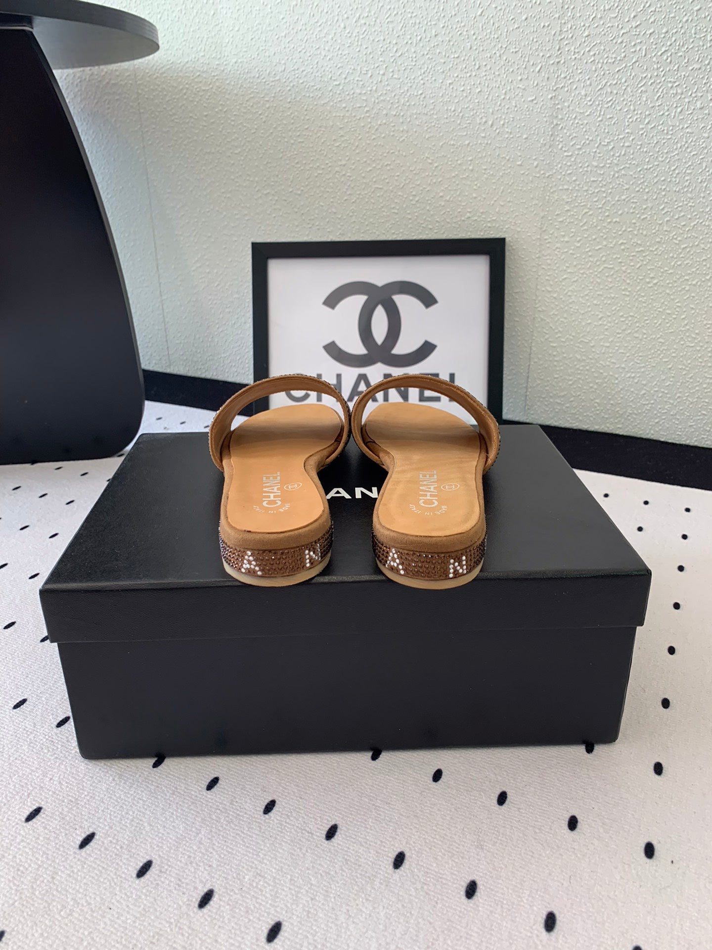CC RHINESTONE LETTER SLIPPERS CINNAMON BROWN LAMBSKIN - 35