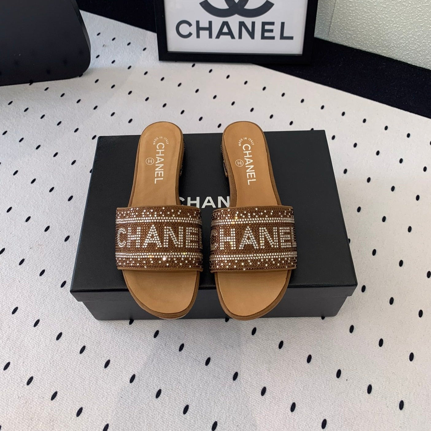CC RHINESTONE LETTER SLIPPERS CINNAMON BROWN LAMBSKIN - 35