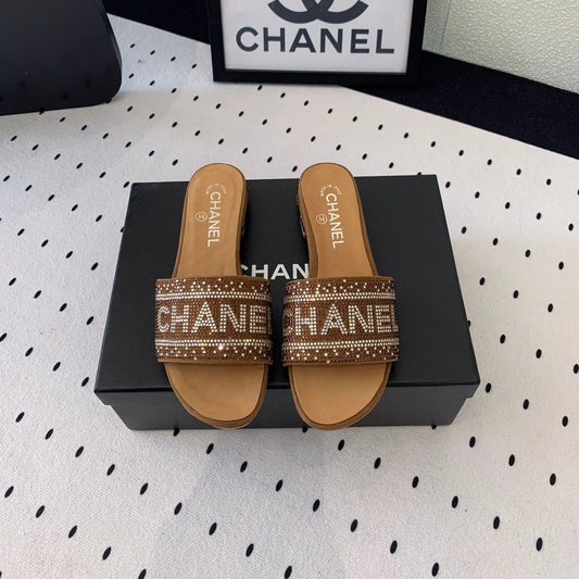 CC RHINESTONE LETTER SLIPPERS CINNAMON BROWN LAMBSKIN - 35