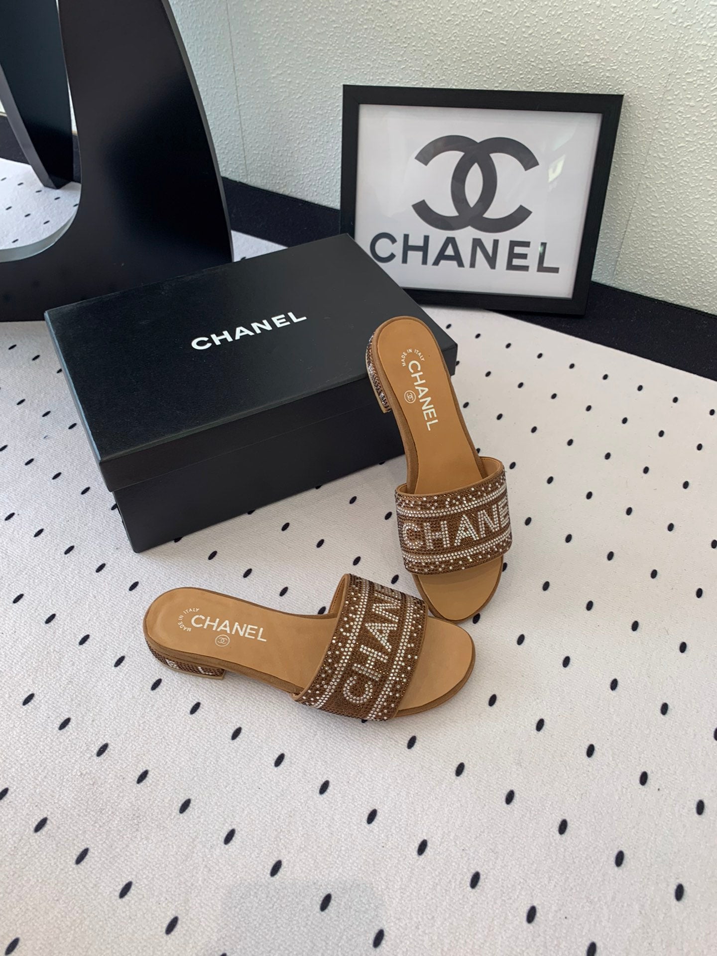 CC RHINESTONE LETTER SLIPPERS CINNAMON BROWN LAMBSKIN - 35