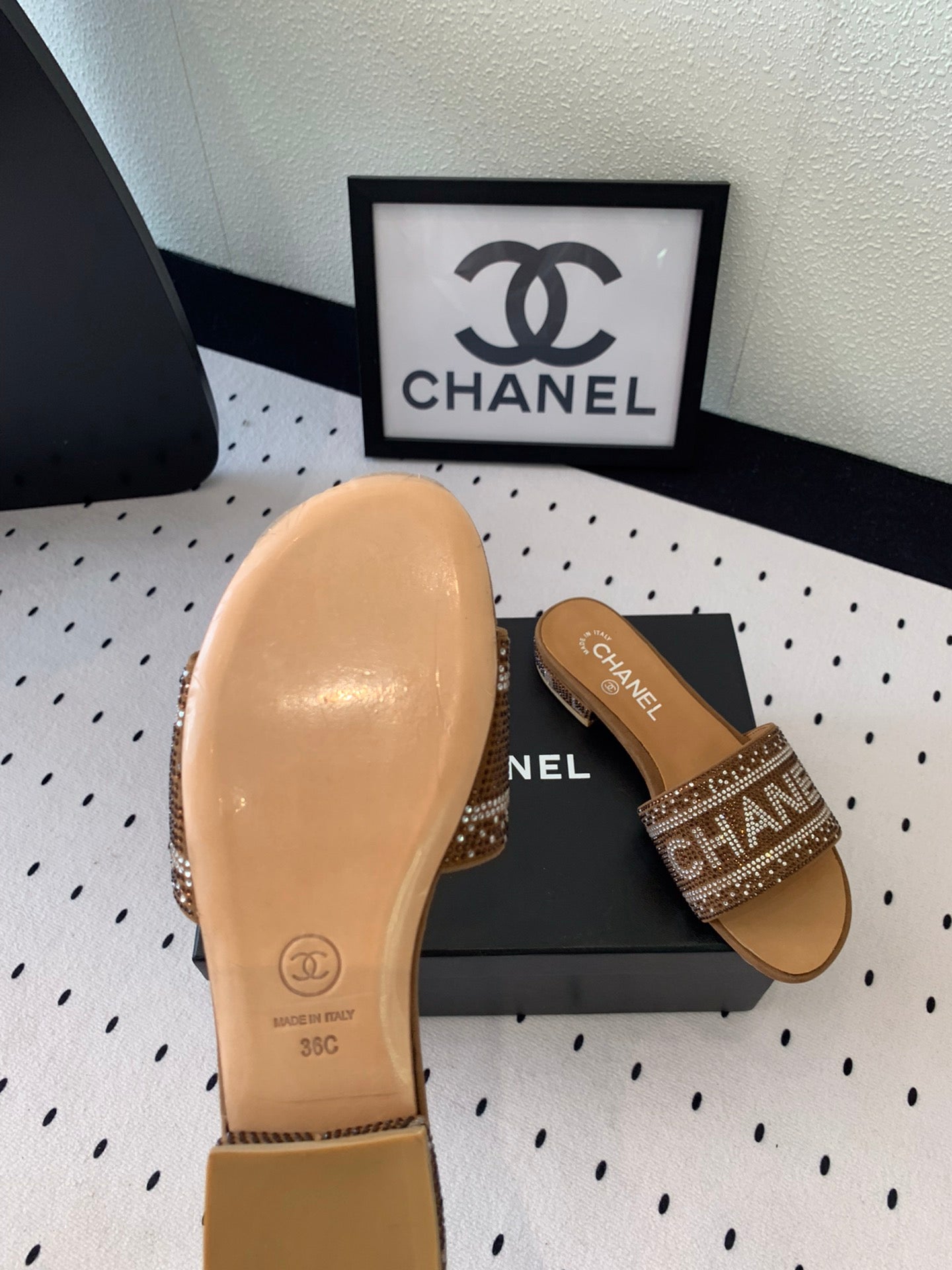 CC RHINESTONE LETTER SLIPPERS CINNAMON BROWN LAMBSKIN - 35