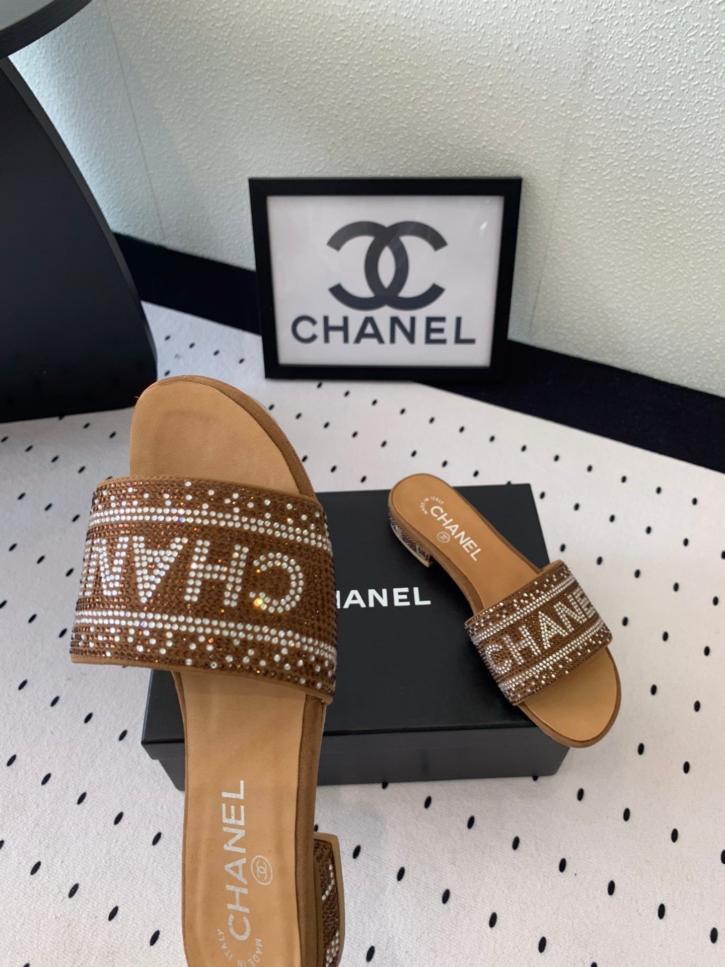 CC RHINESTONE LETTER SLIPPERS CINNAMON BROWN LAMBSKIN - 35