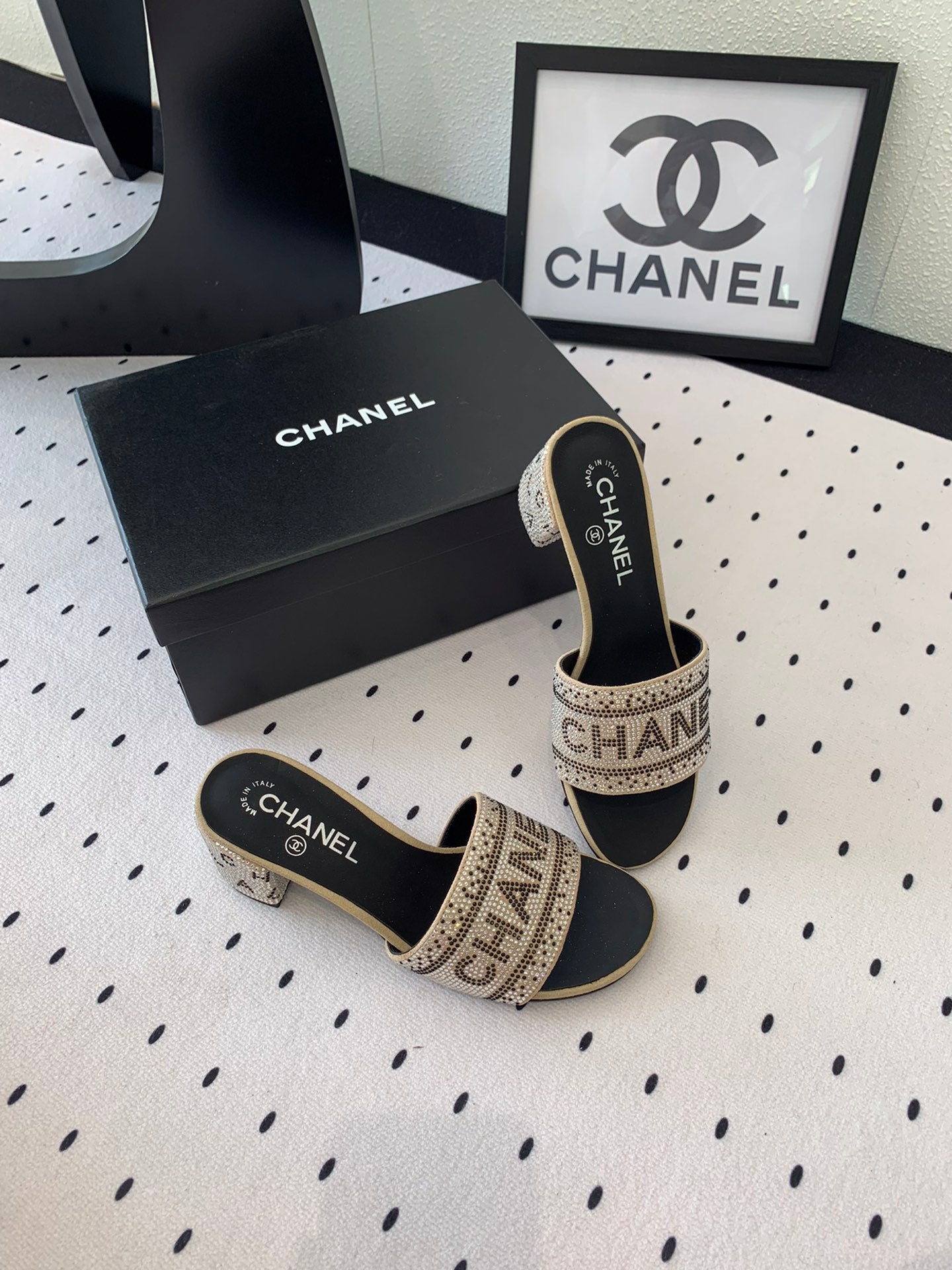 RHINESTONE LETTER HIGH HEELS CARAMEL BROWN AND BLACK LAMBSKIN - 35