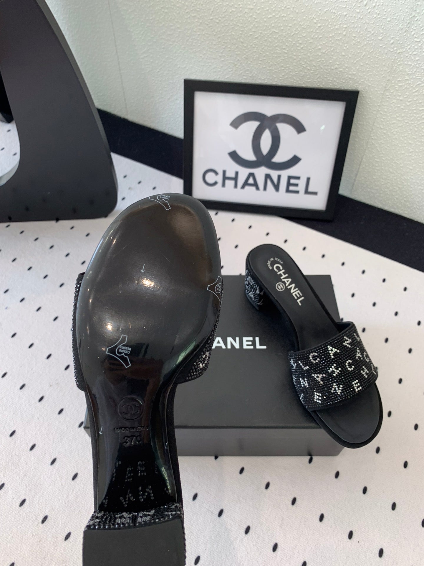 RHINESTONE LETTER HIGH HEELS BLACK LAMBSKIN - 35