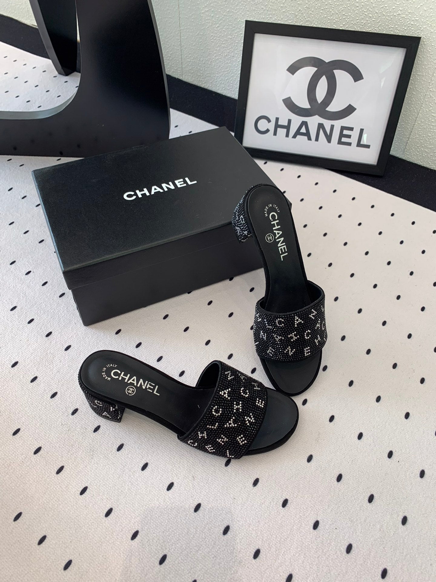 RHINESTONE LETTER HIGH HEELS BLACK LAMBSKIN - 35
