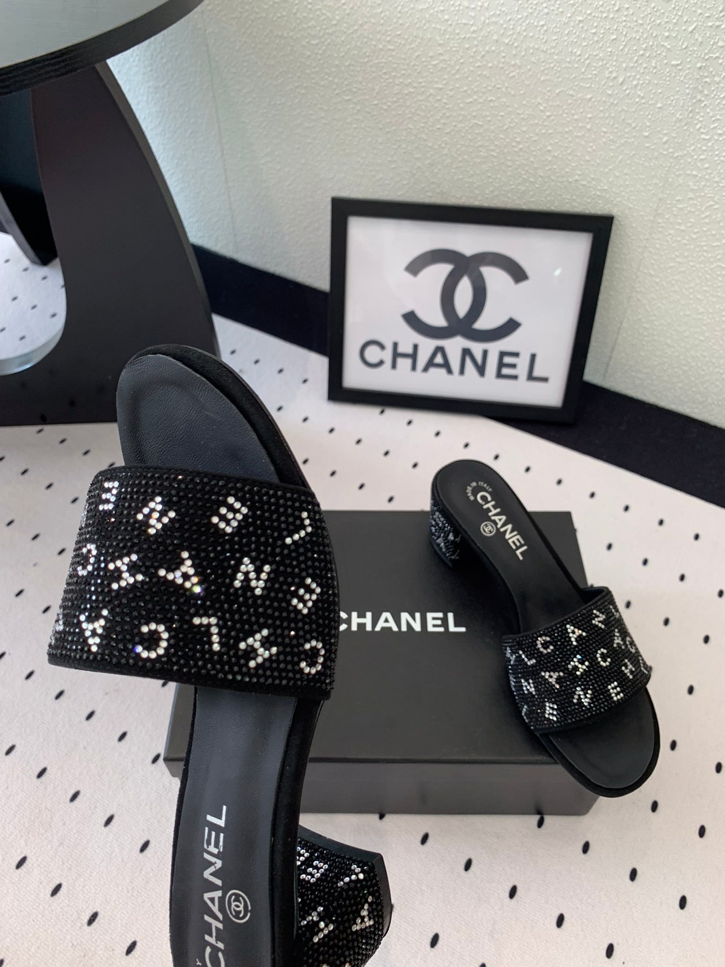 RHINESTONE LETTER HIGH HEELS BLACK LAMBSKIN - 35