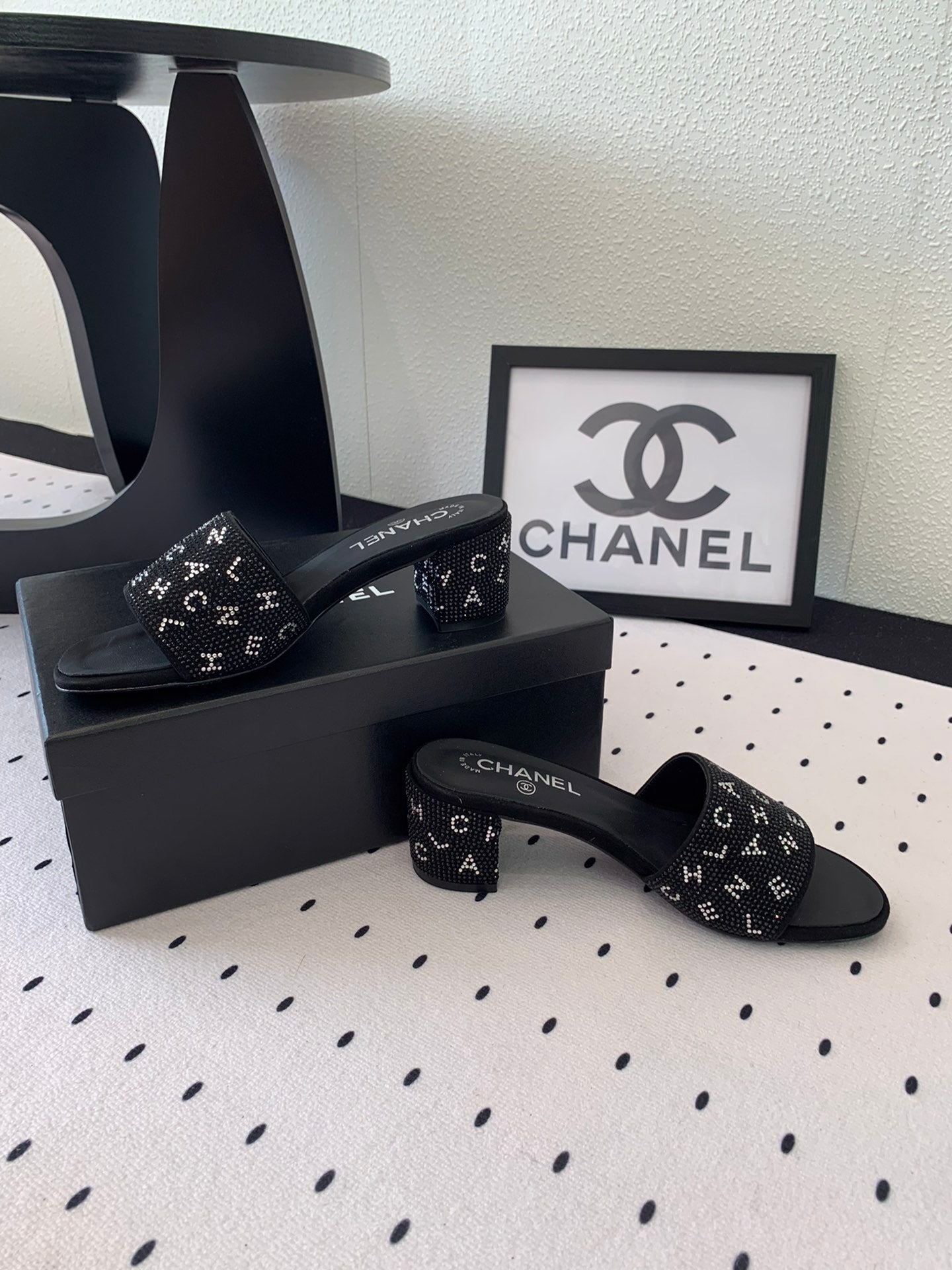 RHINESTONE LETTER HIGH HEELS BLACK LAMBSKIN - 35