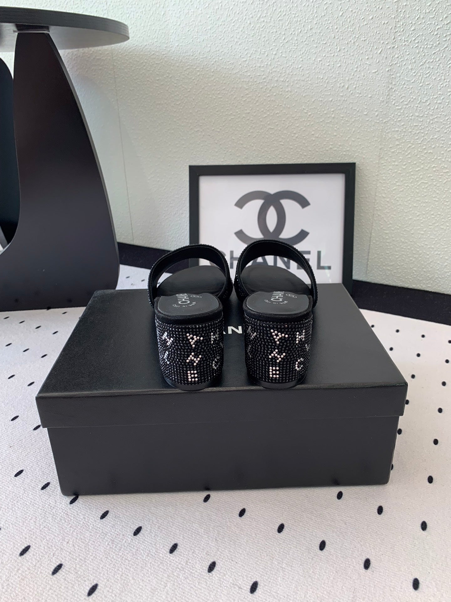 RHINESTONE LETTER HIGH HEELS BLACK LAMBSKIN - 35