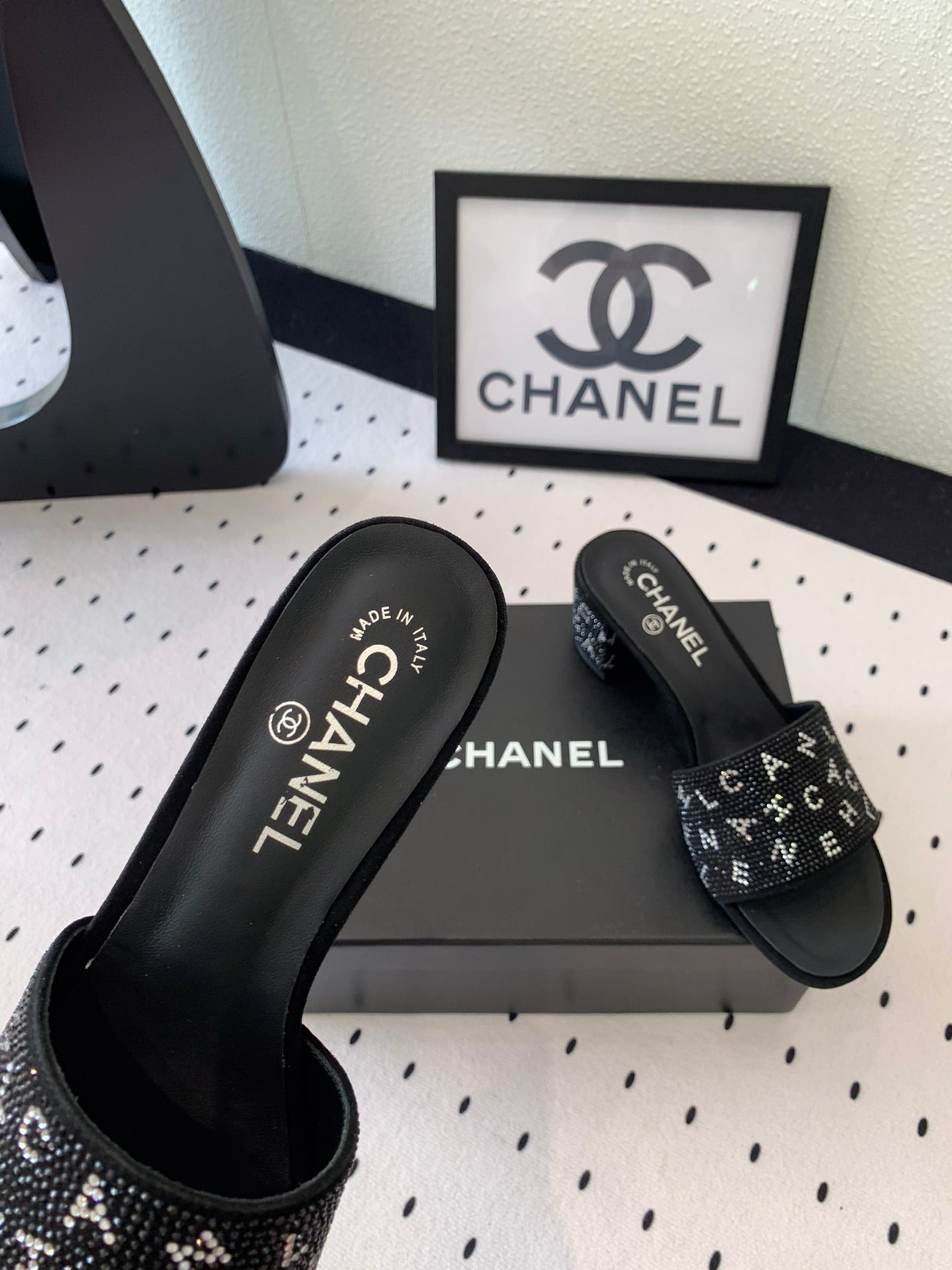 RHINESTONE LETTER HIGH HEELS BLACK LAMBSKIN - 35