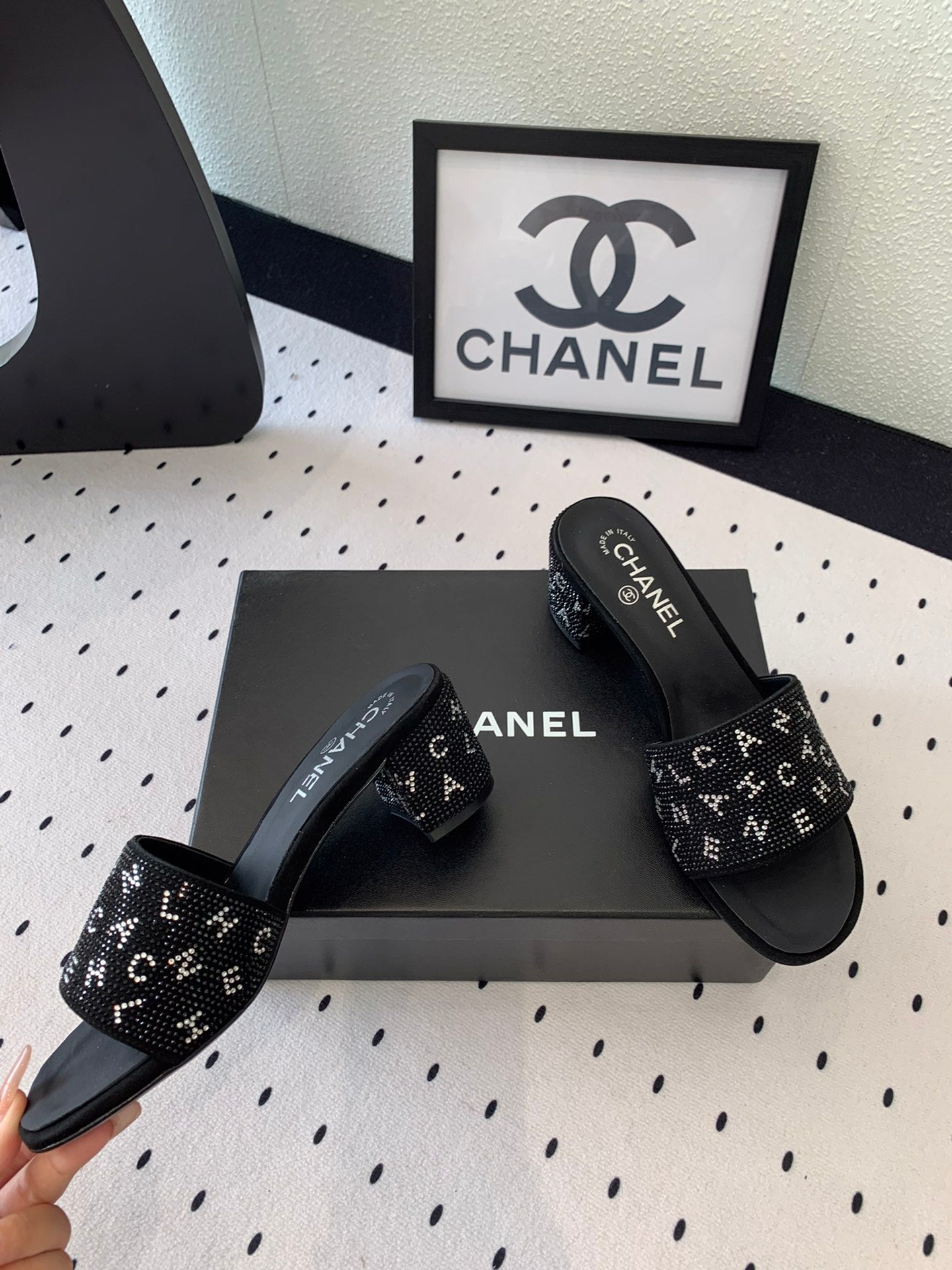 RHINESTONE LETTER HIGH HEELS BLACK LAMBSKIN - 35