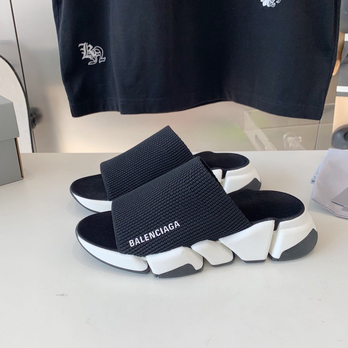 SPEED 2.0 SLIDE SANDAL IN BLACK RECYCLED KNIT AND WHITE SOLE - 35