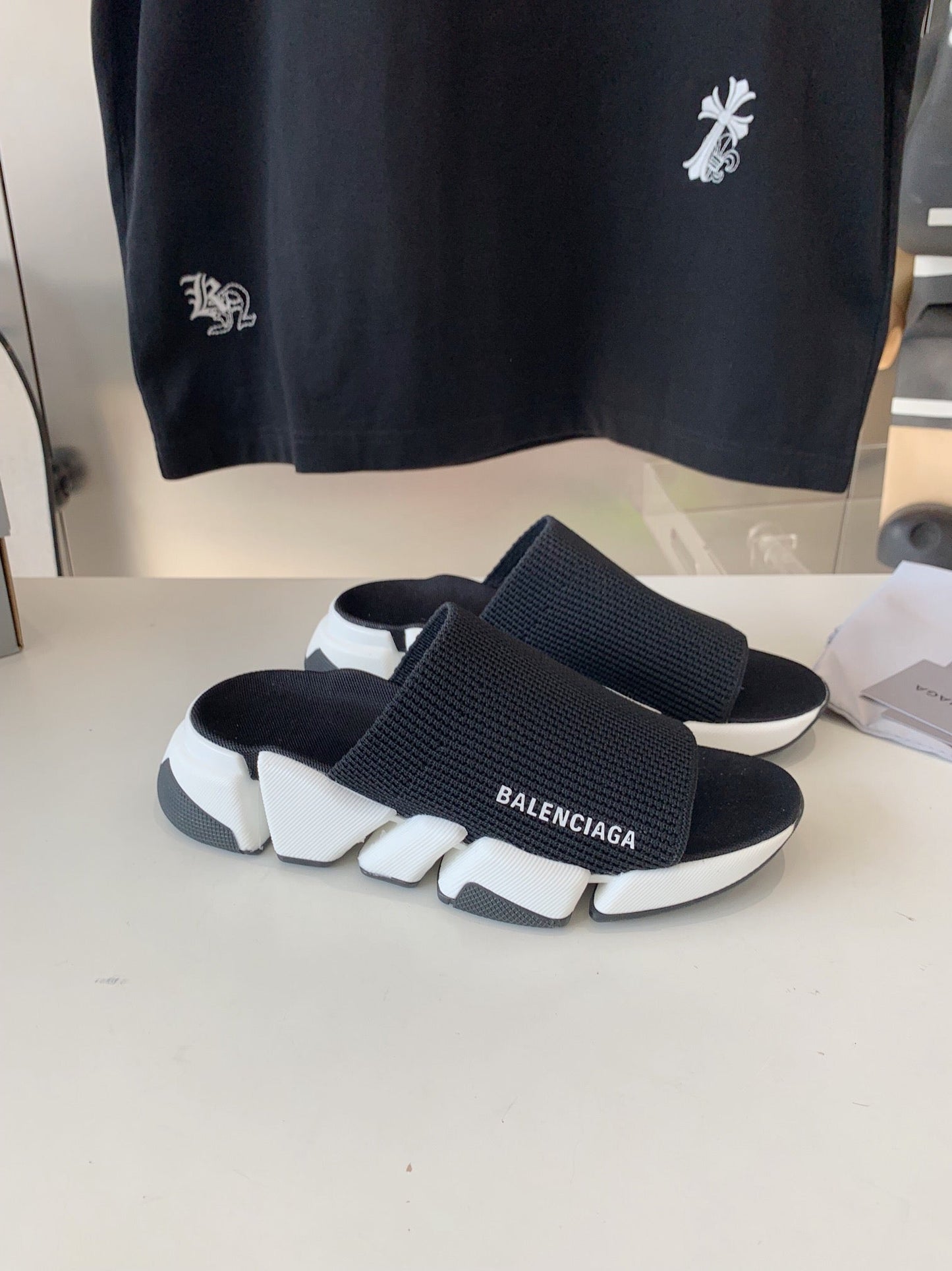 SPEED 2.0 SLIDE SANDAL IN BLACK RECYCLED KNIT AND WHITE SOLE - 35