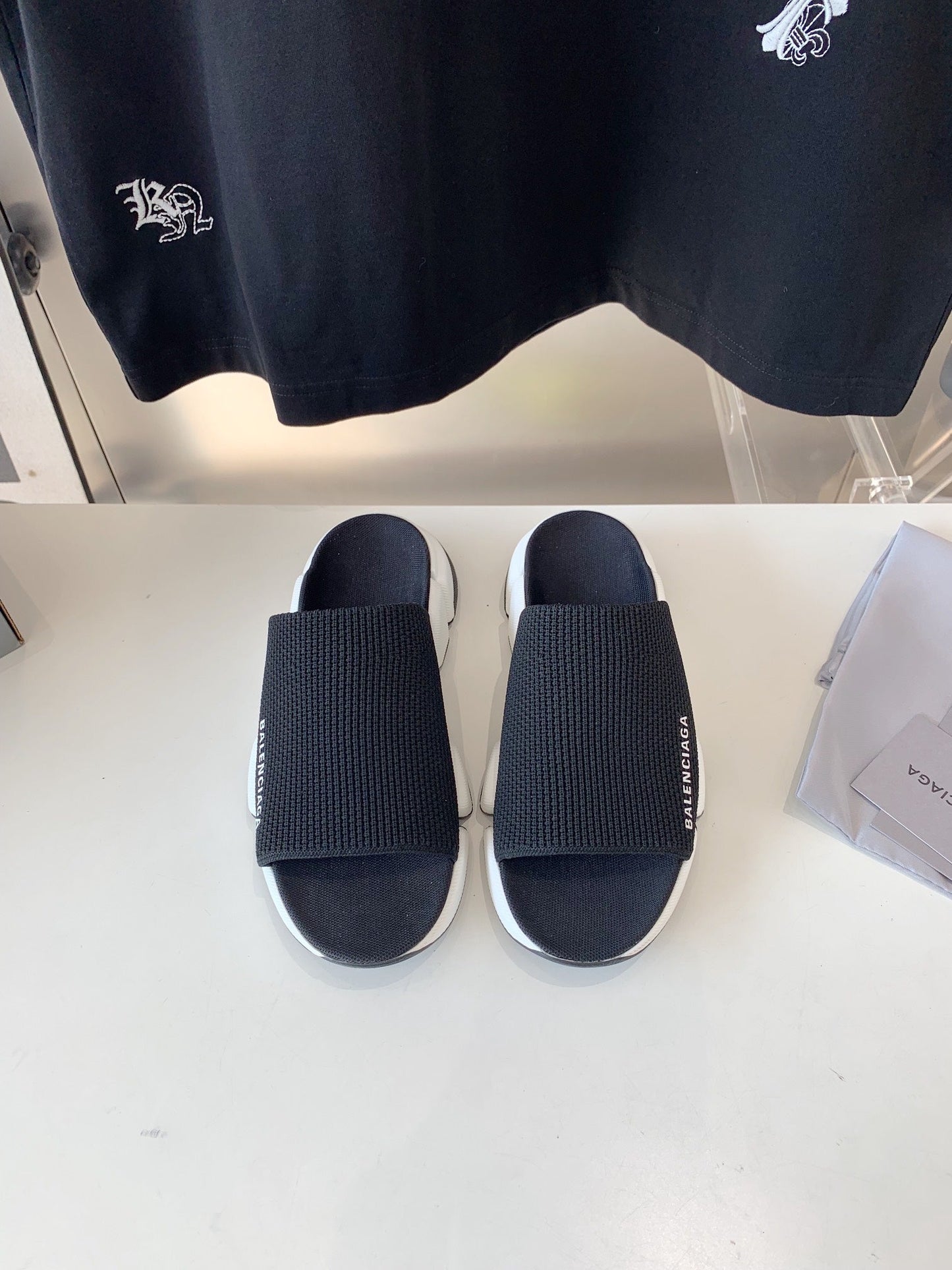 SPEED 2.0 SLIDE SANDAL IN BLACK RECYCLED KNIT AND WHITE SOLE - 35