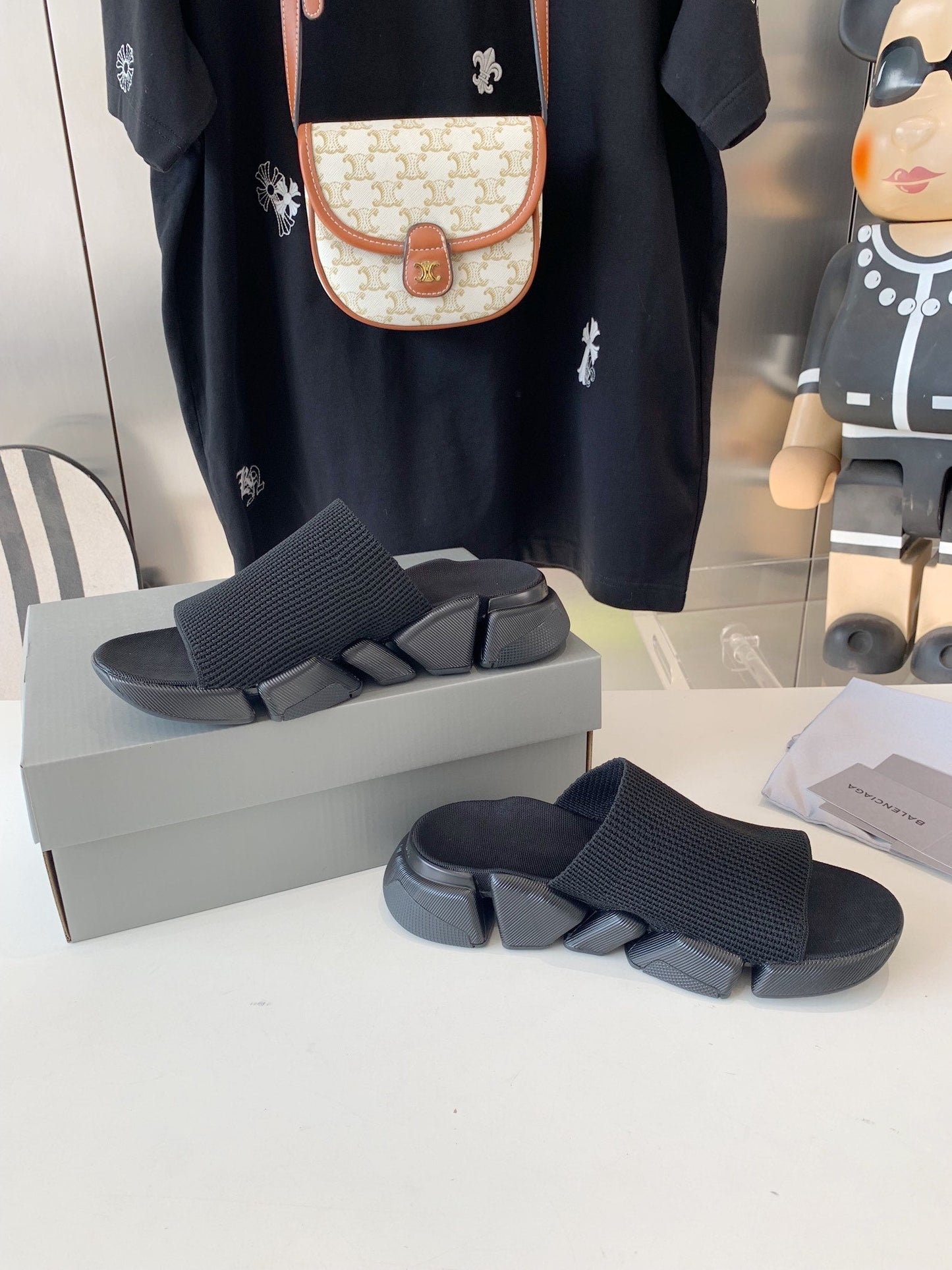 SPEED 2.0 SLIDE SANDAL IN BLACK RECYCLED KNIT AND BLACK SOLE - 35
