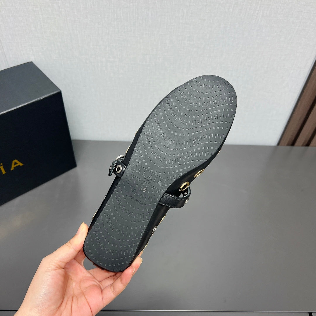 ALAIA MARY JANE SHOES IN BLACK LAMBSKIN GOLD MIX SILVER HARDWARE - 35
