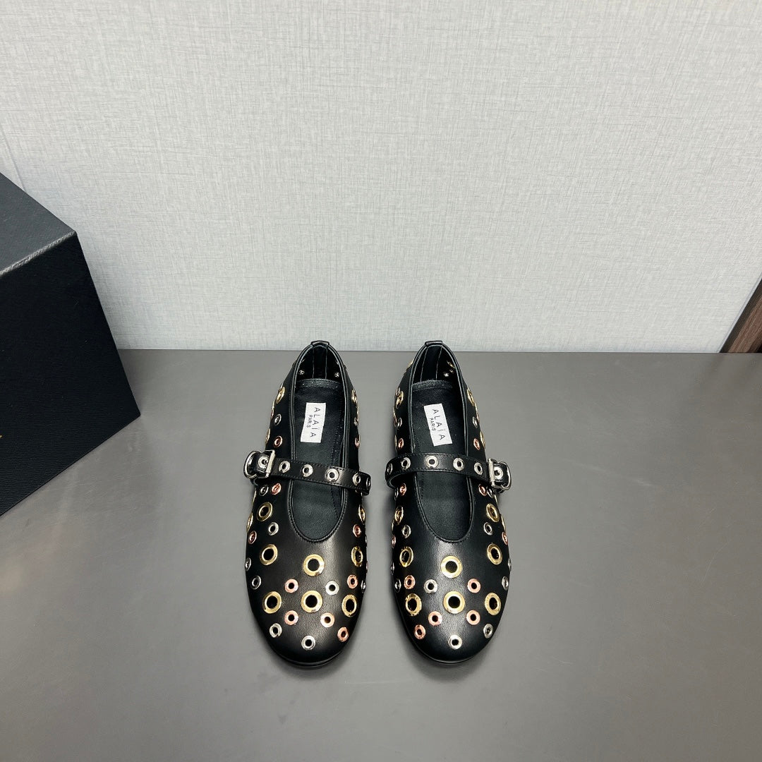 ALAIA MARY JANE SHOES IN BLACK LAMBSKIN GOLD MIX SILVER HARDWARE - 35