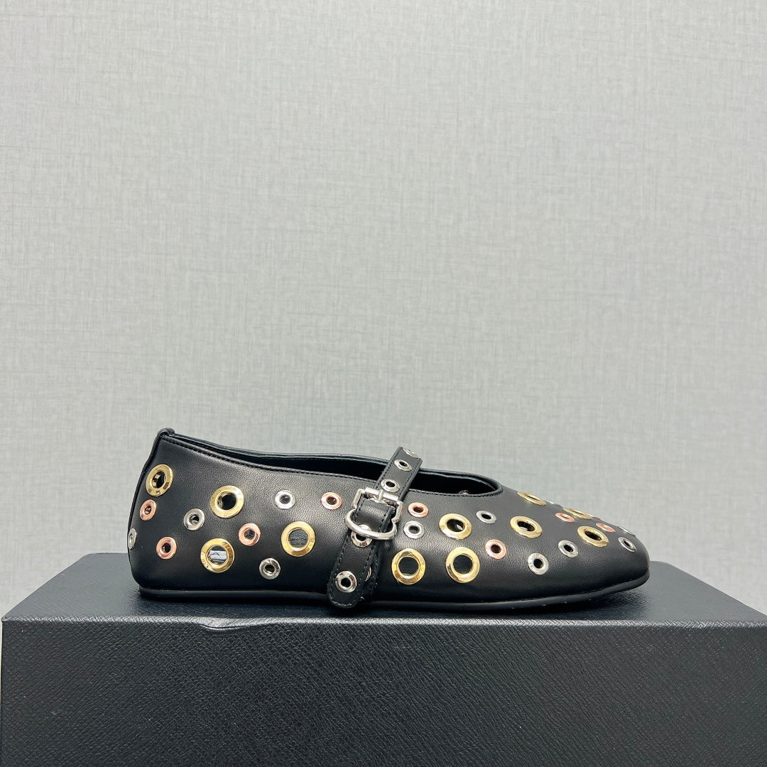 ALAIA MARY JANE SHOES IN BLACK LAMBSKIN GOLD MIX SILVER HARDWARE - 35