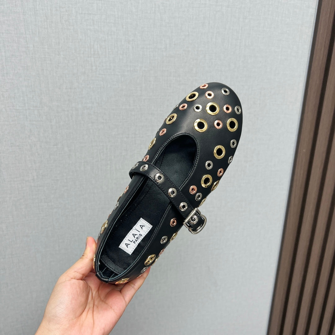 ALAIA MARY JANE SHOES IN BLACK LAMBSKIN GOLD MIX SILVER HARDWARE - 35