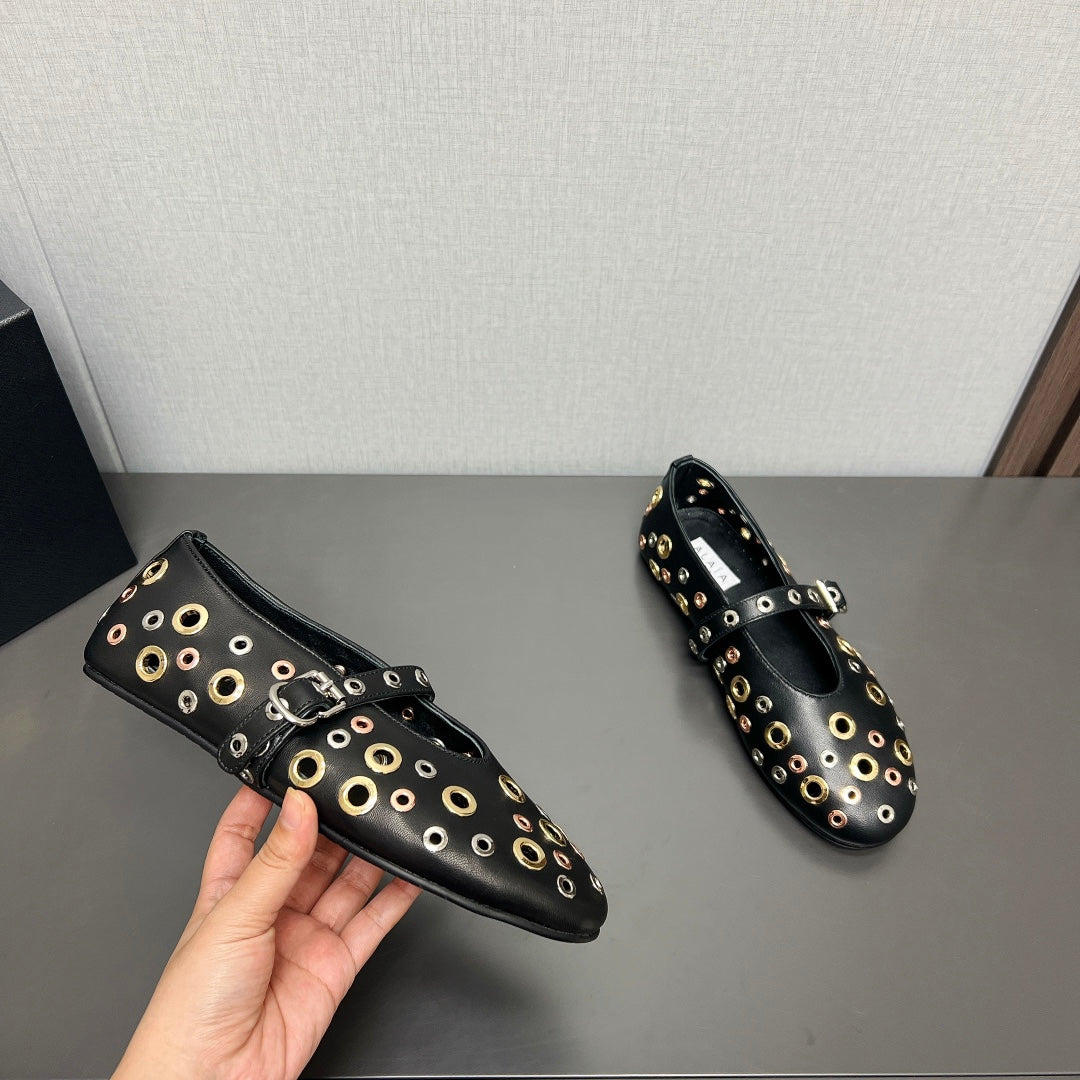 ALAIA MARY JANE SHOES IN BLACK LAMBSKIN GOLD MIX SILVER HARDWARE - 35