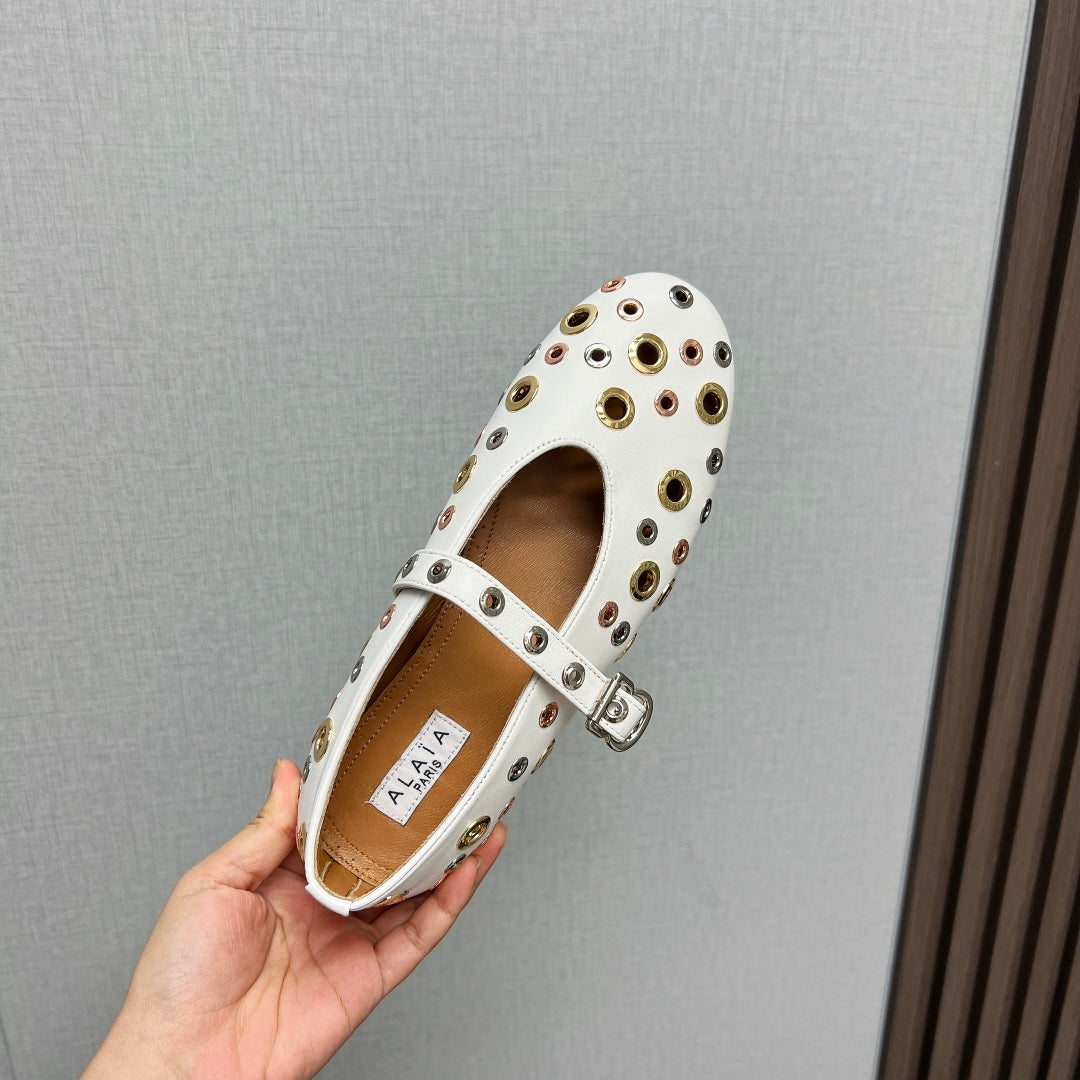 ALAIA MARY JANE SHOES IN WHITE LAMBSKIN GOLD MIX SILVER HARDWARE - 35