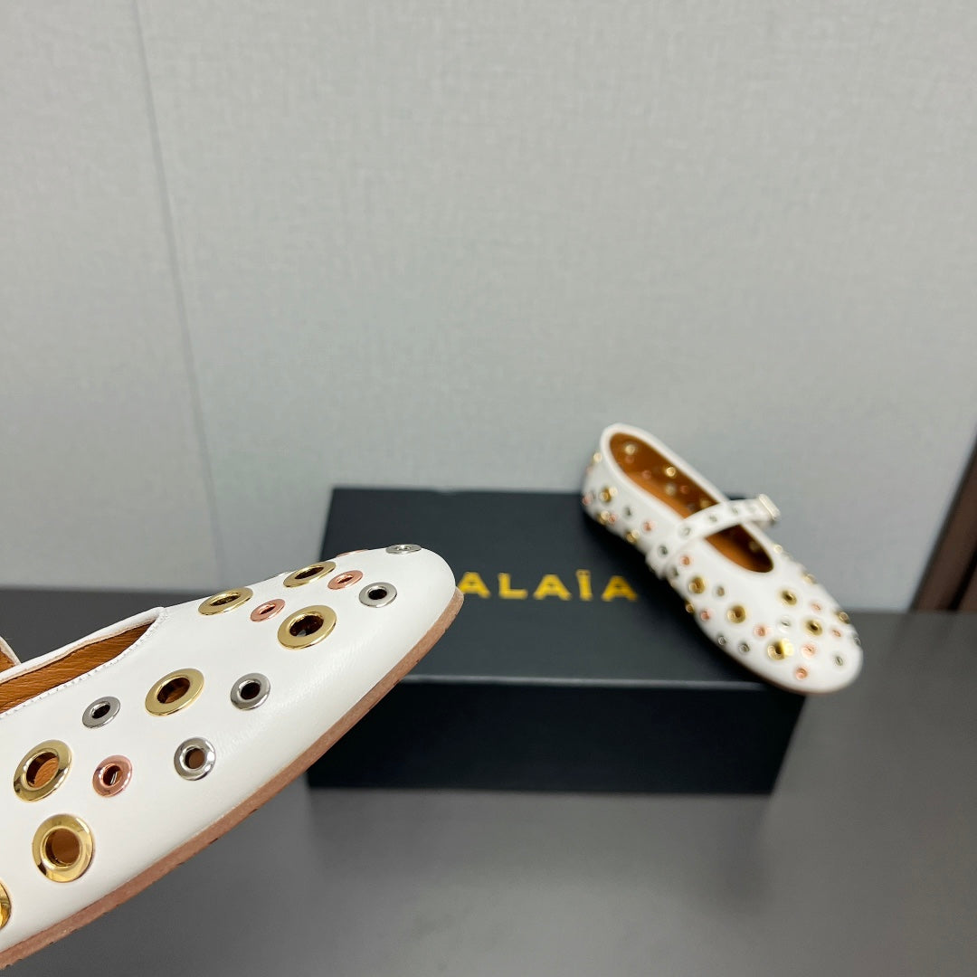 ALAIA MARY JANE SHOES IN WHITE LAMBSKIN GOLD MIX SILVER HARDWARE - 35