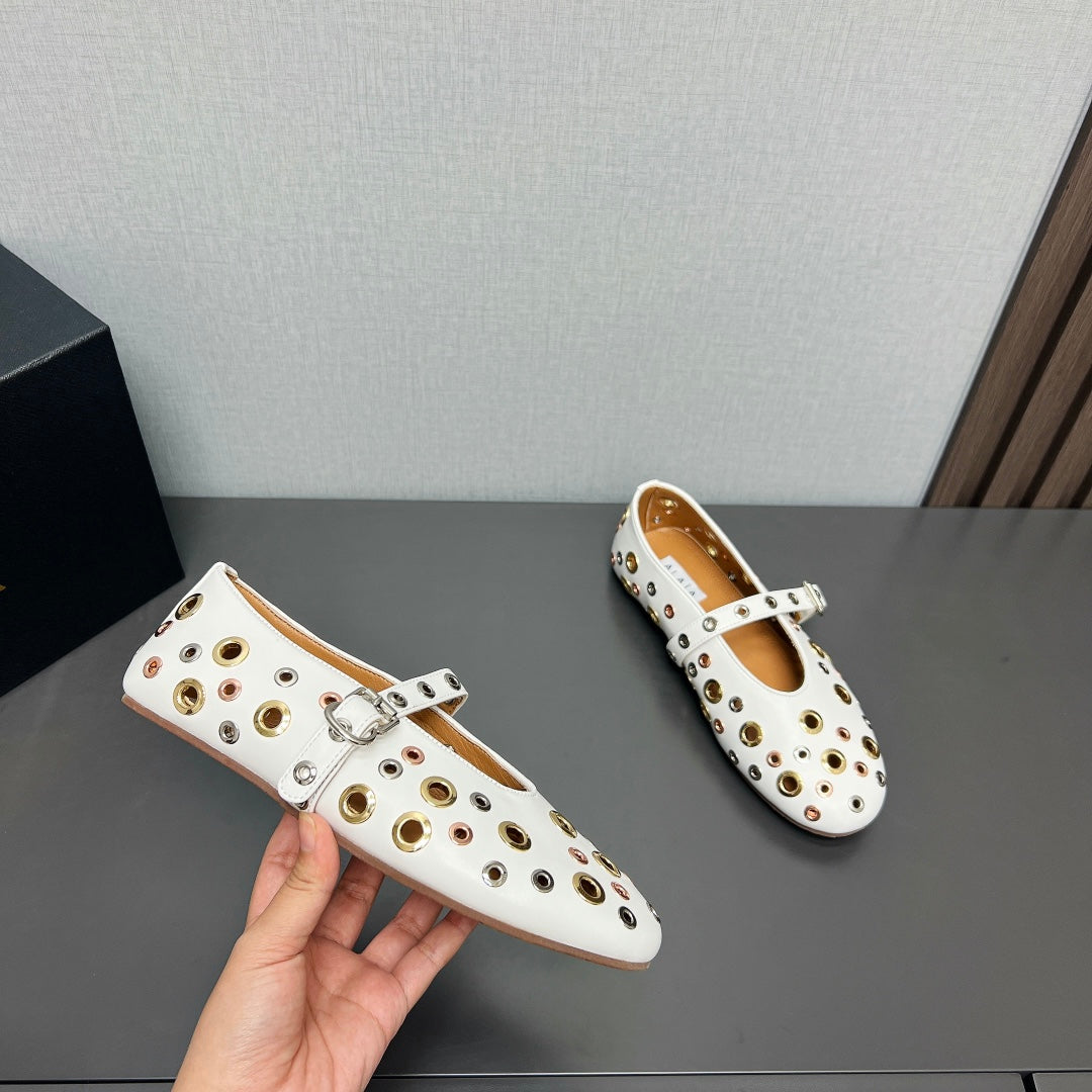 ALAIA MARY JANE SHOES IN WHITE LAMBSKIN GOLD MIX SILVER HARDWARE - 35