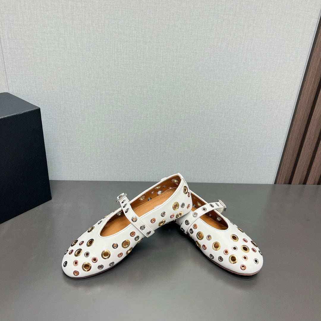 ALAIA MARY JANE SHOES IN WHITE LAMBSKIN GOLD MIX SILVER HARDWARE - 35